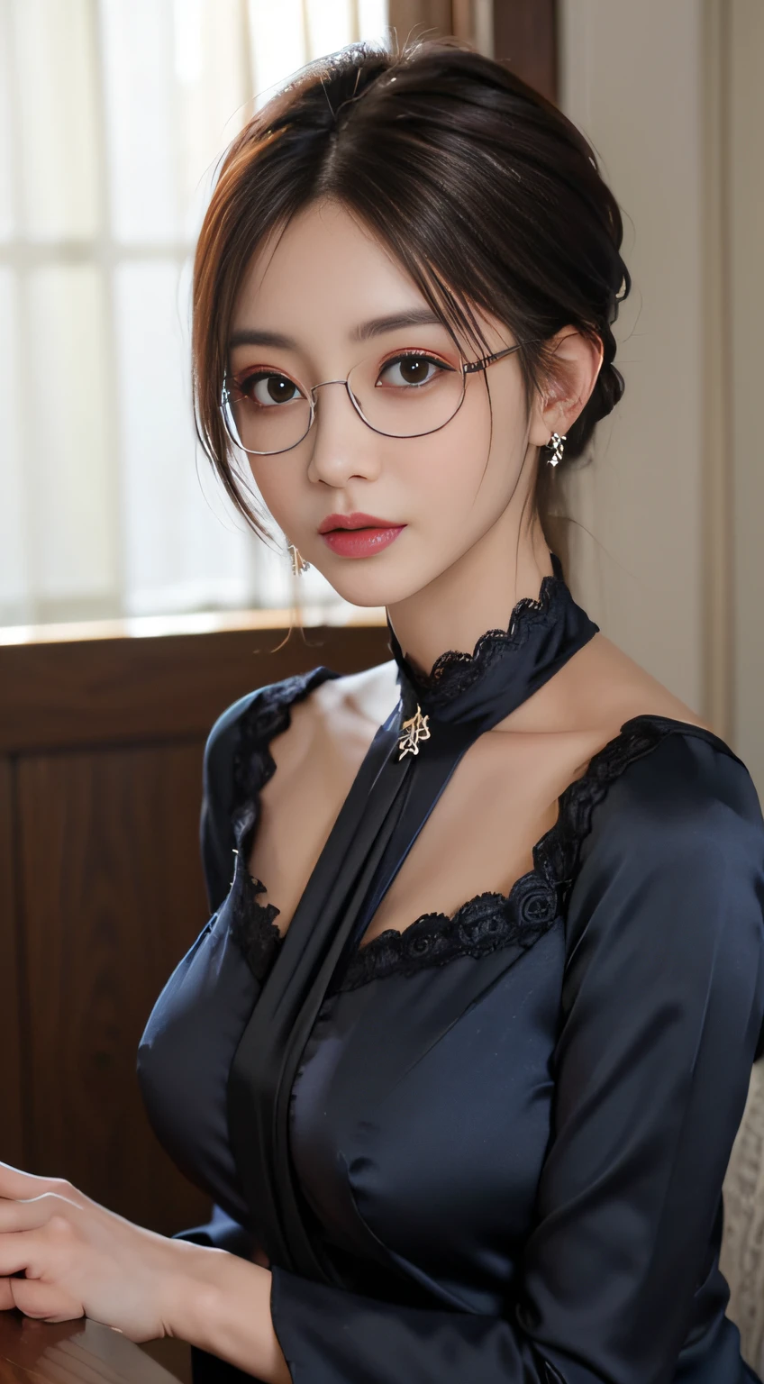 (Best Quality,4K,8K,hight resolution,masutepiece:1.2),Ultra-detailed,(Realistic,Photorealistic,Photorealsitic:1.37),Beautiful expressive eyes,long eyelashes,Beautiful detailed lips,Detailed hair and face,Friendly smile,Clean and perfect skin,(Very large breasts, Big Tits, oversized tits),long,(earrings, lace choker, Stylish dark blue silk dress),Bright interior,Glasses with thin rim、Shorthair、poneyTail