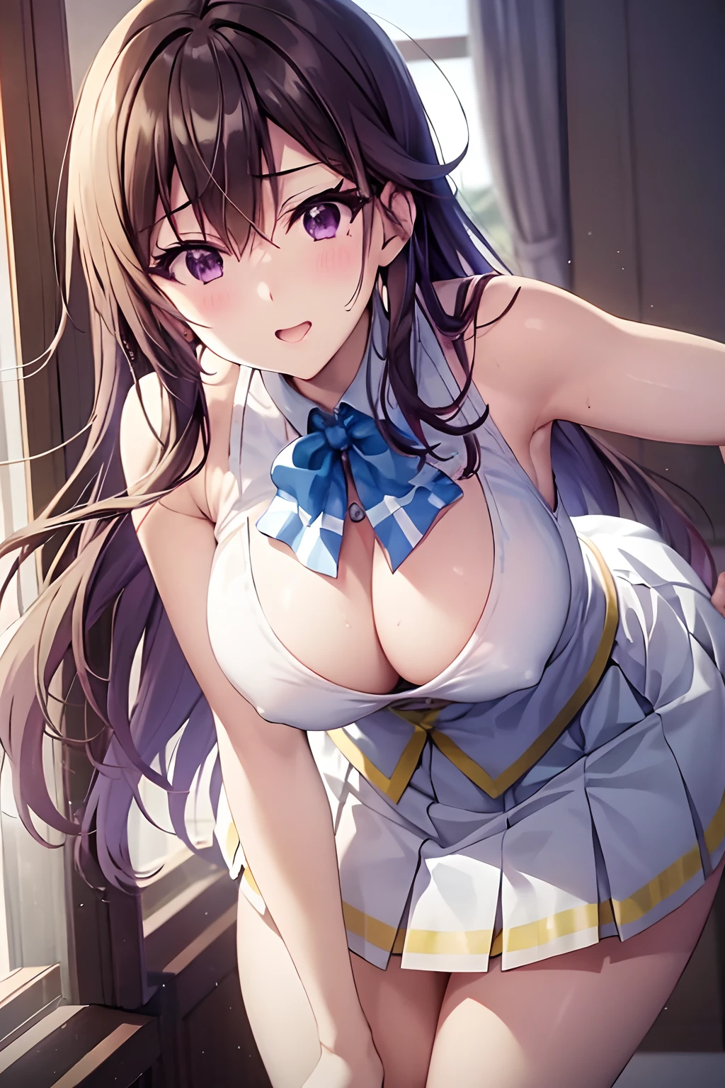 Kawakami_mai, 1girl, solo, solo focus, dynamic pose, sexual pose, bent over, leaning forward, pleated_white_skirt, hanging breasts, leaning towards viewer,