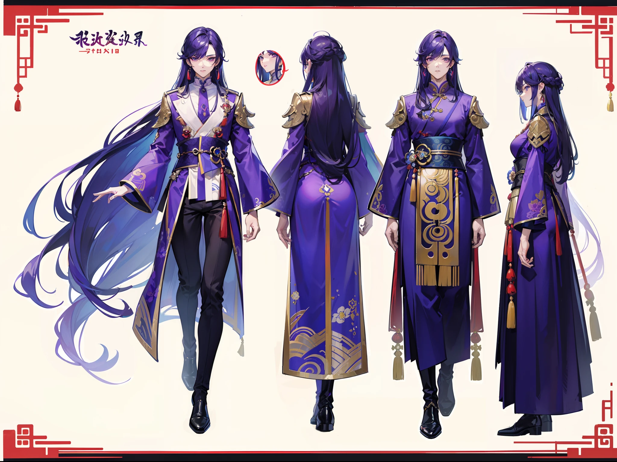 ((Masterpiece, Highest quality)), Detailed face, character design sheet, full bodyesbian, Full of details, frontal body view, back body view, Highly detailed, Depth, Many parts, Muscle boy with purple long hair,handsome man, Traditional chinese clothes, Genshin Impact, man tall