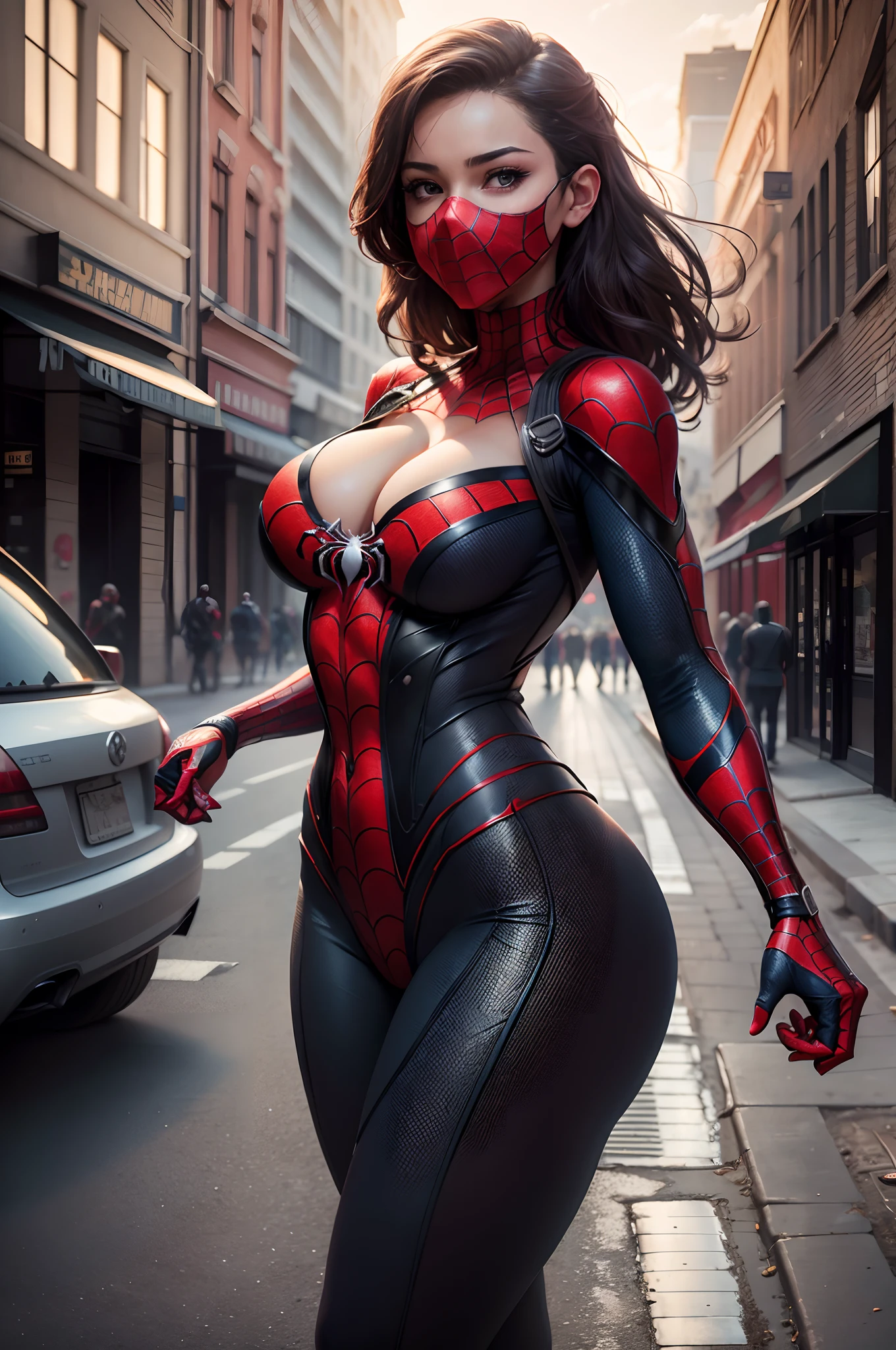ultra_detailed, highres, masterpieces, RAW photo, 4k, 8k, realistic, beautiful, Spider-Man, seductive, large breasts, cleavage, bodysuit, mask, outdoors, building
