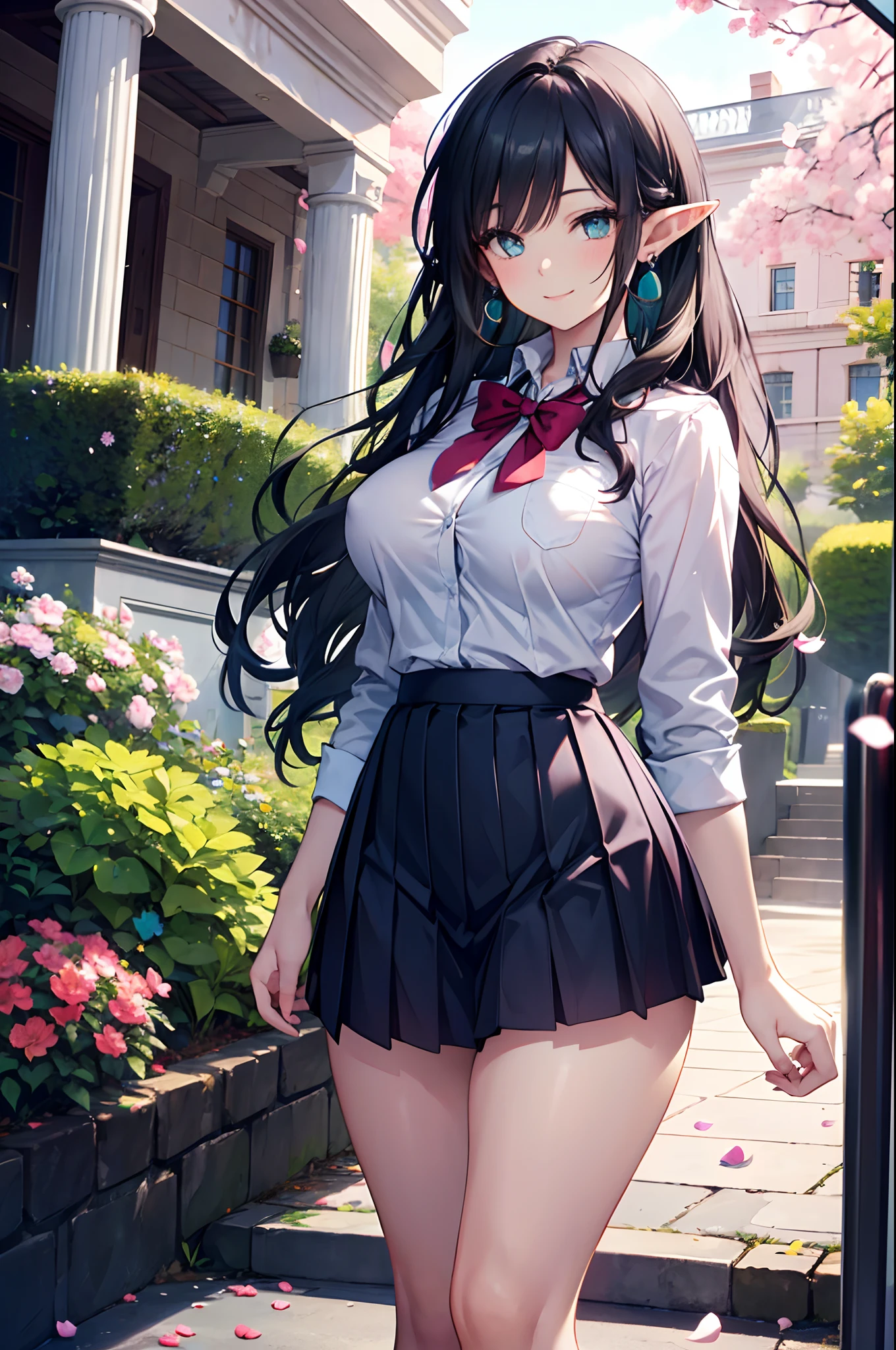 Realistic and detailed image of an elf dressed in a school uniform and pleated micro skirt. She has long wavy black hair. Turquoise eyes. She has earrings, long eyelashes. She has large breasts, slim waist, wide hips and thick thighs. Smiling, pleased face. Arched back. There is a garden with flower petals falling around her.