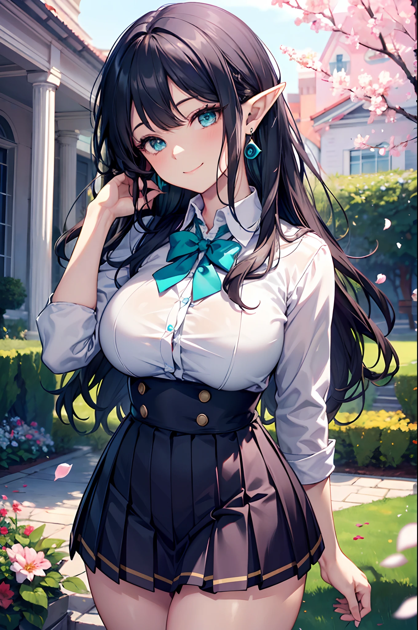 Realistic and detailed image of an elf dressed in a school uniform and pleated micro skirt. She has long wavy black hair. Turquoise eyes. She has earrings, long eyelashes. She has large breasts, slim waist, wide hips and thick thighs. Smiling, pleased face. Arched back. There is a garden with flower petals falling around her.