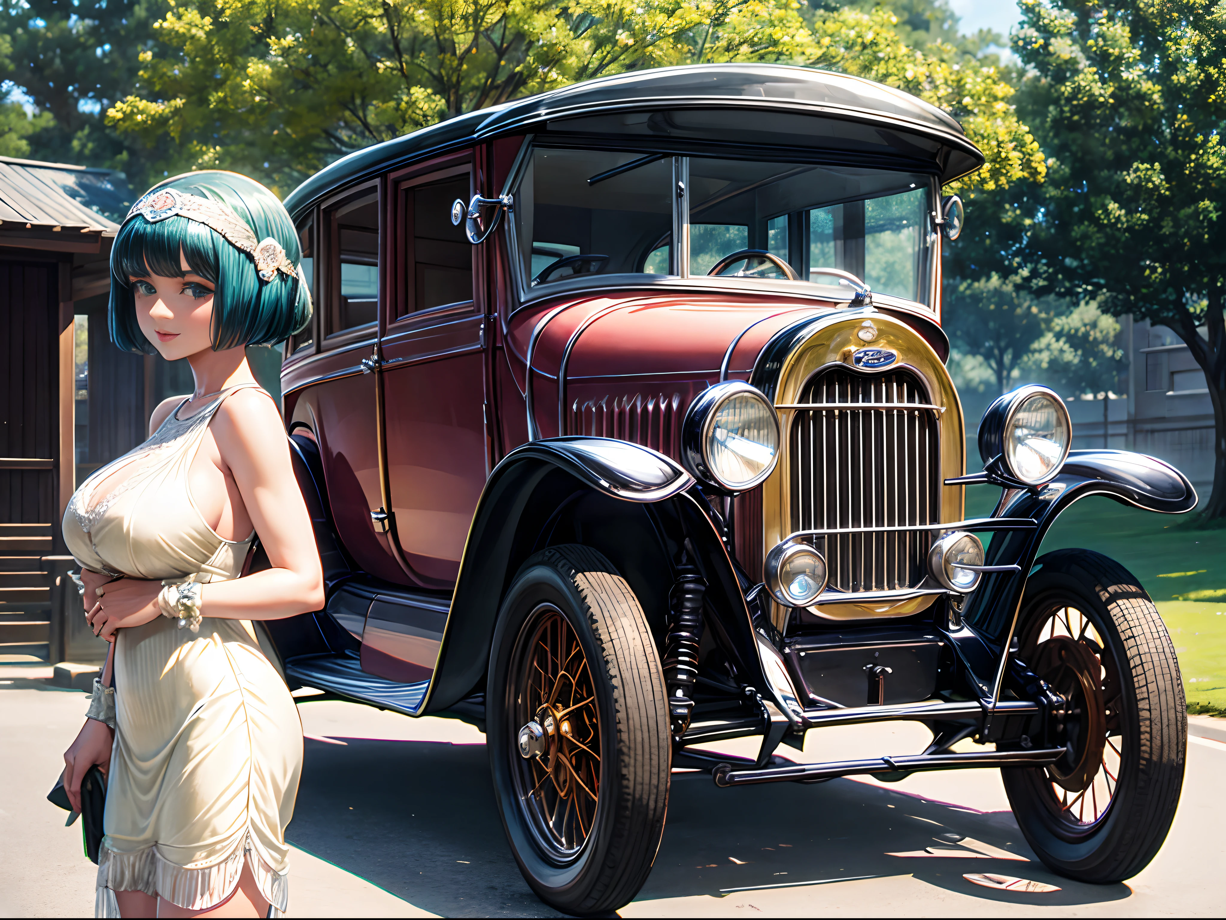 A 1920s flapper girl with large breast standing next to a 1920's Ford 4 door v8 car