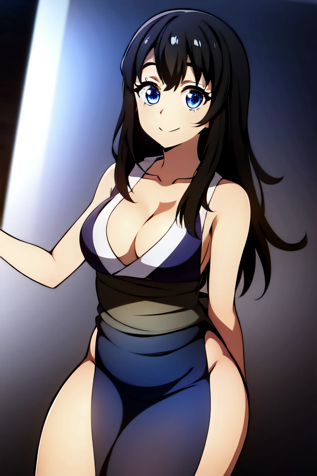 blue eyes, black hair, cleavage, long hair, sleeveless, pelvic curtain, bare shoulders, collarpone, striped, side slit, japanese clothes, kimono, thighs, obi, hair beetwen eyes, short kimono, medium breasts, SUMAKNY, 1girl, solo, upper body, facing viewer, looking at viewer, smile.
