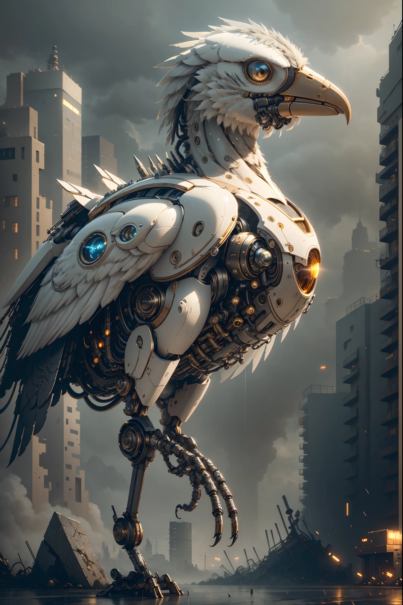 (Best quality, A high resolution, Ultra-detailed), [A robotic bird, Mechanical, Futuristic, Metallic, glowing light eyes, sharp beak, Joint movements, industrial design], Rain-soaked streets, dystopian city, atmospheric fog, Cinematic, Atmospheric lighting,