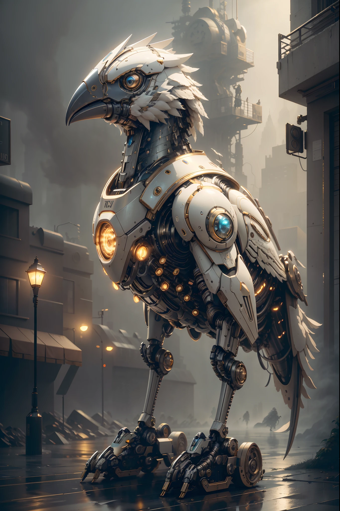 (Best quality, A high resolution, Ultra-detailed), [A robotic bird, Mechanical, Futuristic, Metallic, glowing light eyes, sharp beak, Joint movements, industrial design], Rain-soaked streets, dystopian city, atmospheric fog, Cinematic, Atmospheric lighting,