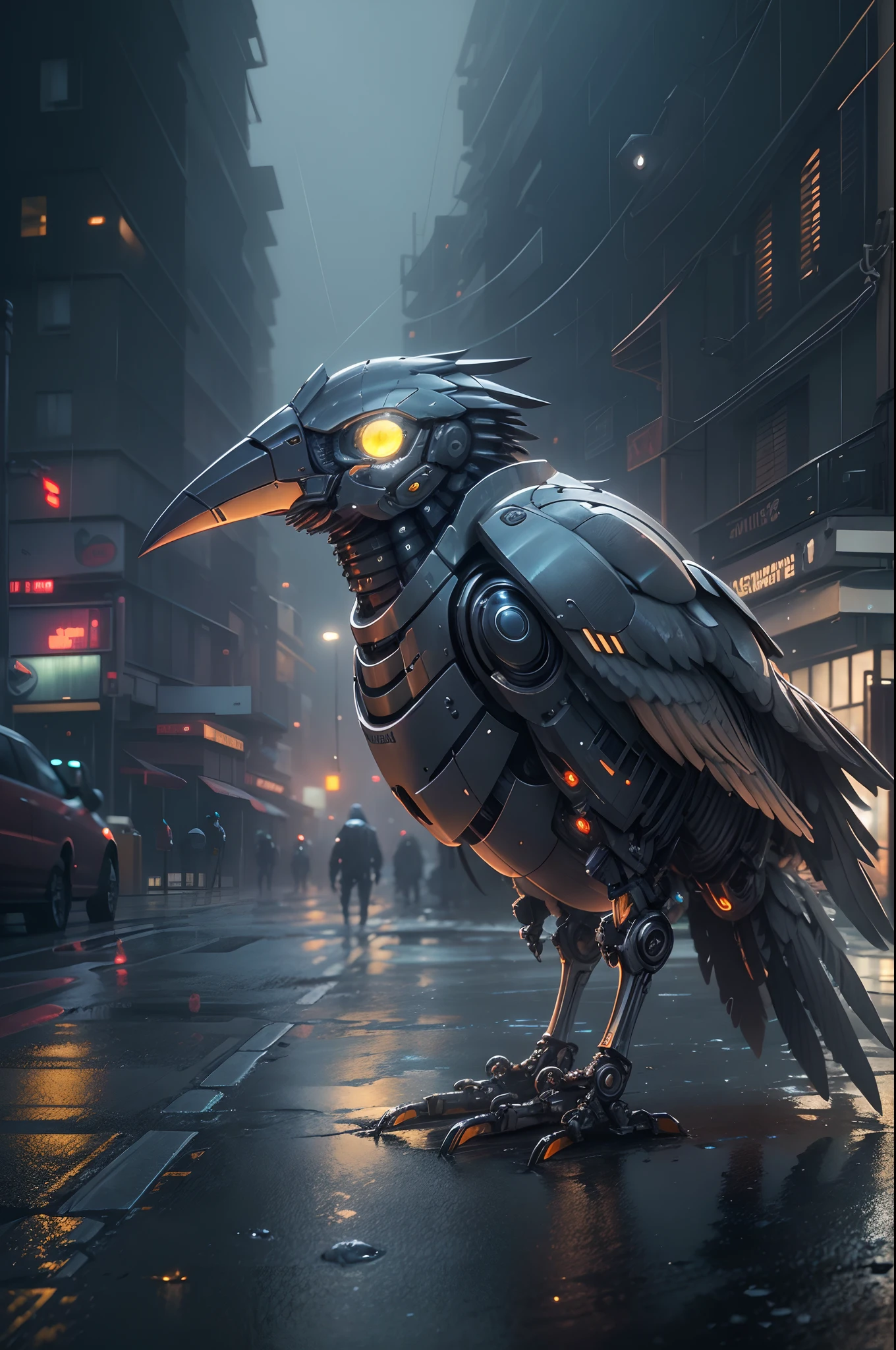 (Best quality, A high resolution, Ultra-detailed), A robotic bird, Mechanical, Futuristic, Metallic, glowing light eyes, sharp beak, Joint movements, industrial design, Rain-soaked streets, dystopian city, atmospheric fog, Cinematic, Atmospheric lighting,