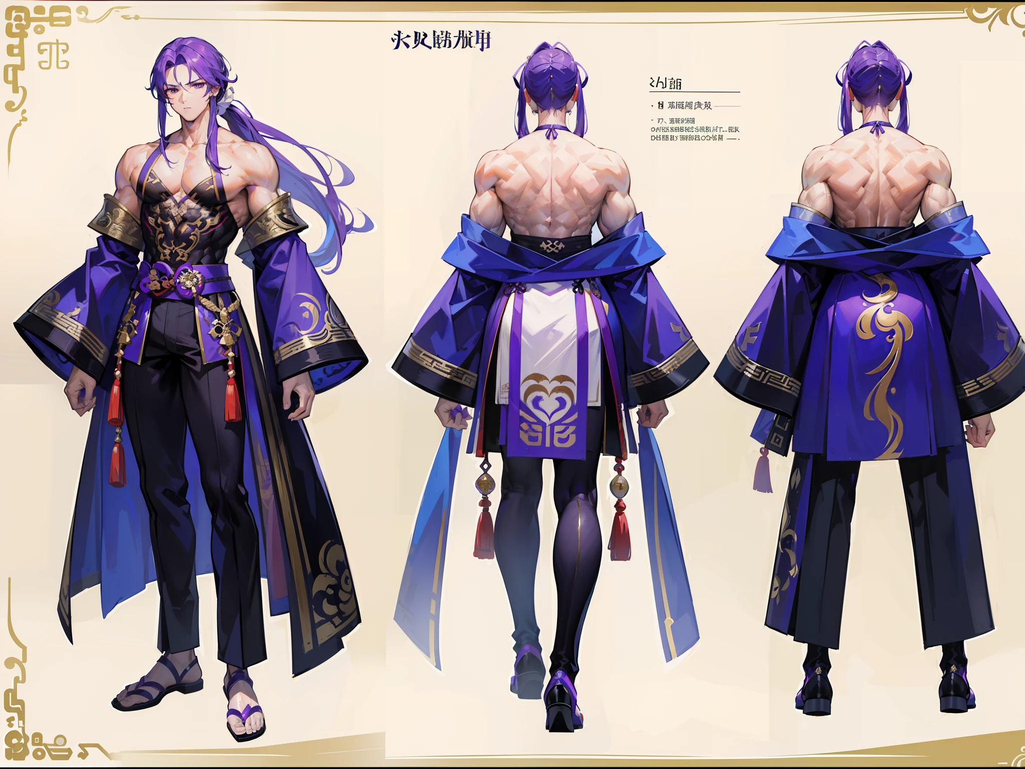 ((Masterpiece, Highest quality)), Detailed face, character design sheet， full bodyesbian, Full of details, frontal body view, back body view, Highly detailed, Depth, Many parts, Muscle boy with long purple hair with long bangs，handsome man, muscle body, Traditional chinese clothes, Genshin Impact, man tall, pectoral muscles, abs