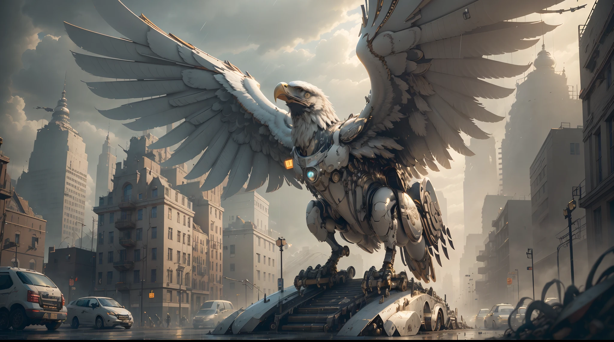 (Best quality, A high resolution, Ultra-detailed), [A mechanical eagle, Mechanical, Futuristic, Metallic, glowing light eyes, sharp beak, Joint movements, industrial design], Rain-soaked streets, dystopian city, atmospheric fog, Cinematic, Atmospheric lighting