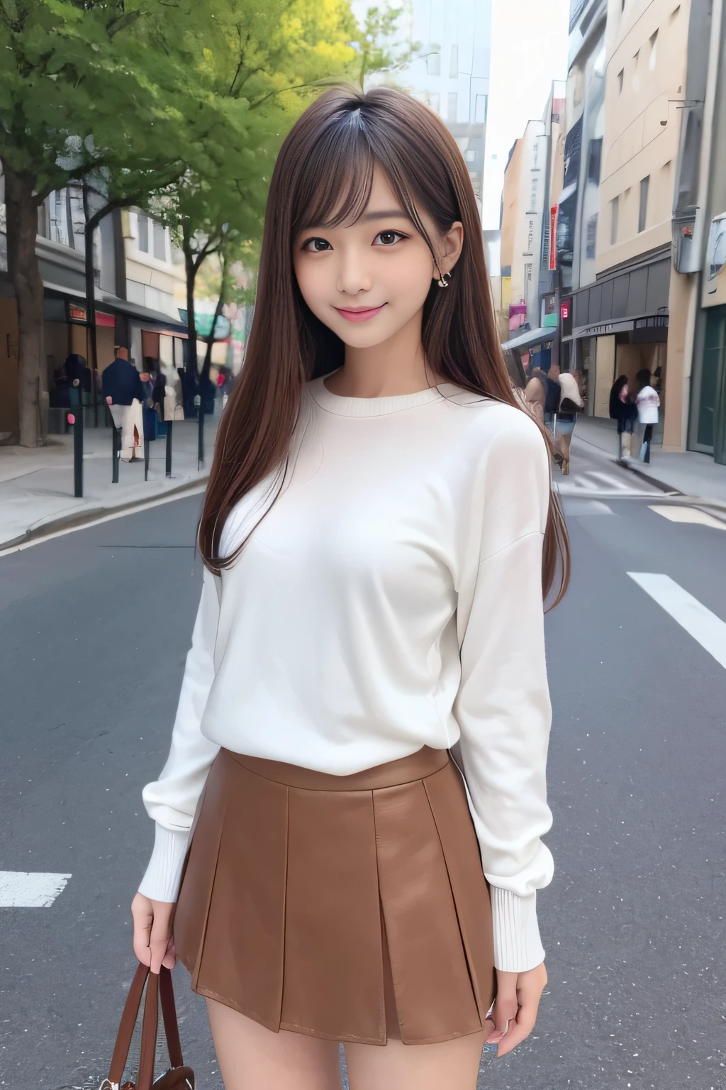 (masterpiece,top-quality,超A high resolution),A Japanese Lady, Very beautiful girl, Kawaii Girl、View photographer、(lipgloss)、(Perfect limbs、perfect anatomia),(((beautiful hairl、Bob Hair、)))、((a miniskirt)),Look at viewers、front-facing view、Absolute area(1.3)、In the street)))kawaii、Pure white、Beautiful skin、Moist eyes、Brown glittery hair、Colors and landscapes of youth、Premonition of love、Warm smile、二重まぶた