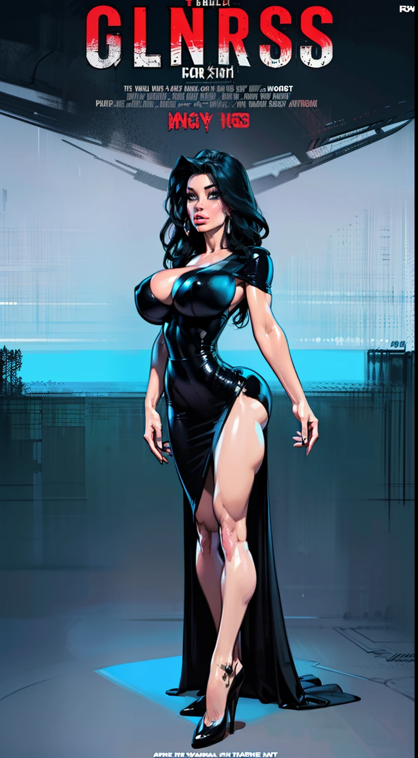 ((full body view:1.2)), ((Elvira The Mistress of Darkness)) (Cassandra Peterson), (pale skin:1.2), (white skin:1.5), ((front view:1.3)), pale face, (puffy lips:1.4), (exposed torso:1.4),(black dress), ((long dress over legs:1.3)), ((dress covers legs:1.1)), (gigantic breasts:1.4), design sheet, masterpiece, (slendered abs:1.2) ,detailed , shiny skin, beautiful lighting from the side, harsh light,epic pose, dynamic movie poster