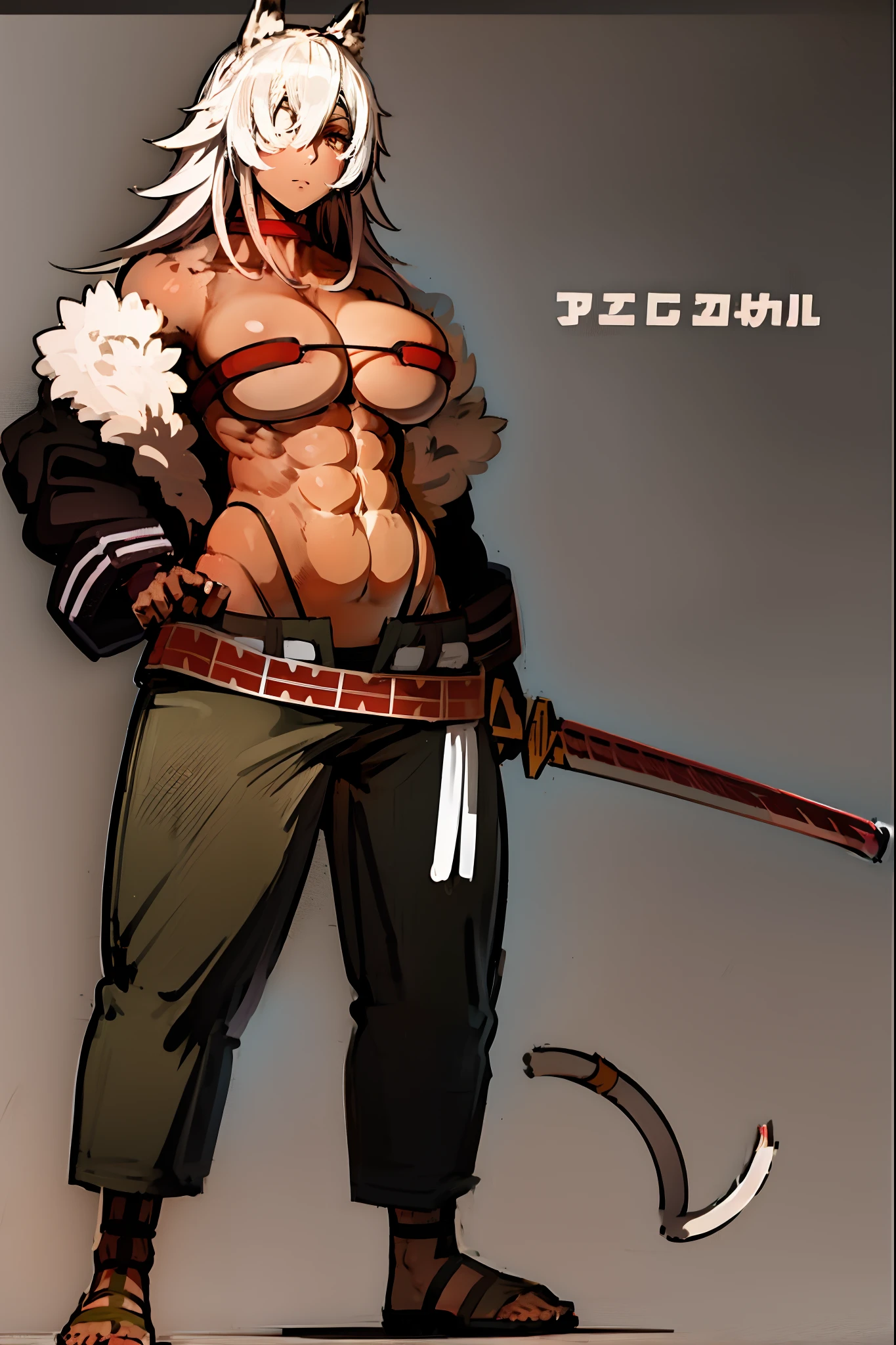 ghislaine dedoldia, animal ears, choker, fur trim, large breasts, abs, muscular woman, white hair, standing, saber holding, fulll body, boots smily , pants, flipflops,standing