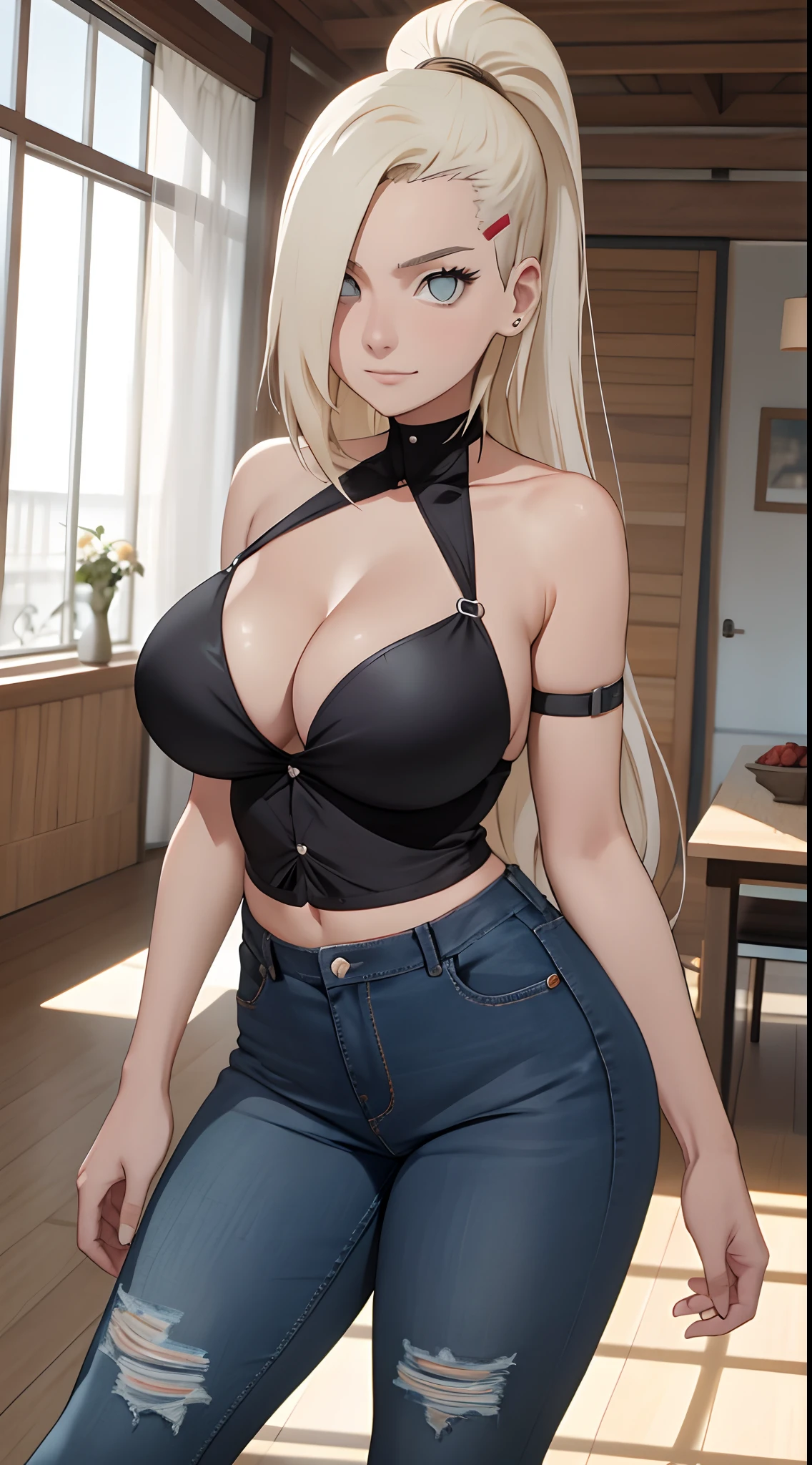 Ino yamanaka， schneit， sat，Spaltung，smil，Rot im Gesicht sein，drinnen im Zimmer，Nahaufnahme Nahaufnahme，mit einer guten Figur,mid large breasts,The breasts fall out immediately,clenched breasts,enges, spaghetti strap shirt,Blaue skinny Jeans,both arms behind the back,perfekter Arsch,ansicht von hinten