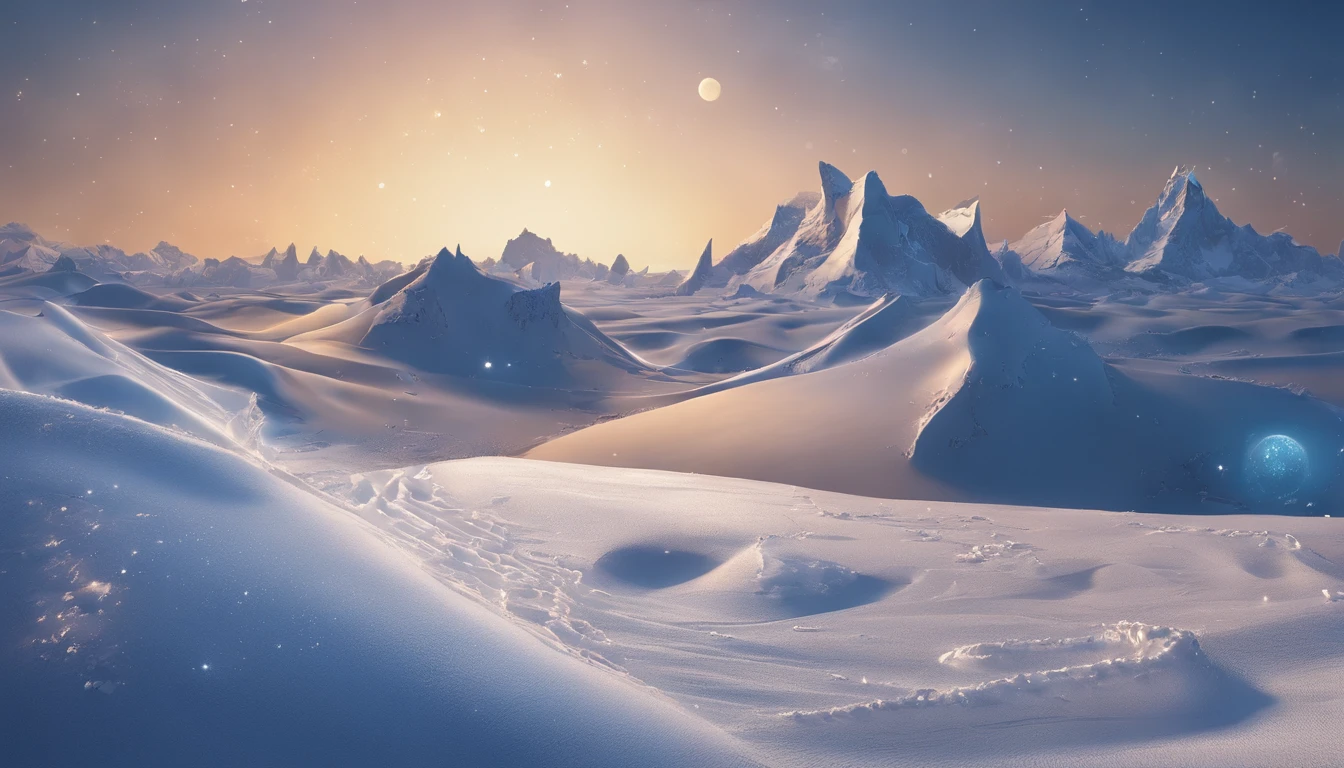Planeta enorme, a noite, starly sky, Surrealismo, masutepiece, alta resolução、Impressive Milky Way:1.9、praia de areia、mar azul、Drifting ice、Raio:1.9、montanhas de neve、Monte Everest