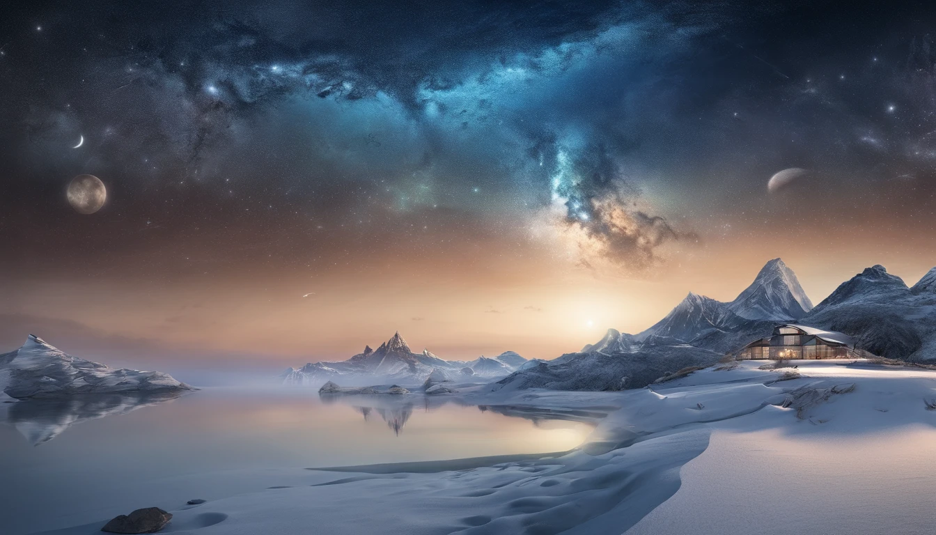 Planeta enorme, a noite, starly sky, Surrealismo, masutepiece, alta resolução、Impressive Milky Way:1.9、praia de areia、mar azul、Drifting ice、Raio:1.9、montanhas de neve、Monte Everest