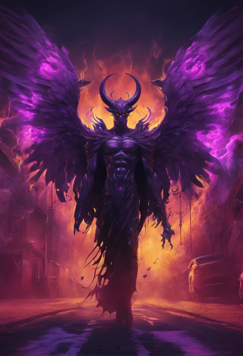 (best quality,4k,8k,highres,masterpiece:1.2),ultra-detailed,(realistic,photorealistic,photo-realistic:1.37),evil demon with glowing purple abyssal powers,casting mystic soul spells,handsome demon,large jagged demonic horns,massive demon angel wings,dark and ominous atmosphere,sinister grin,piercing glowing red eyes,demonic aura,enchanting purple mist,shadowy background,epic and dramatic lighting,otherworldly beauty,dramatic pose,fiery brimstone backdrop