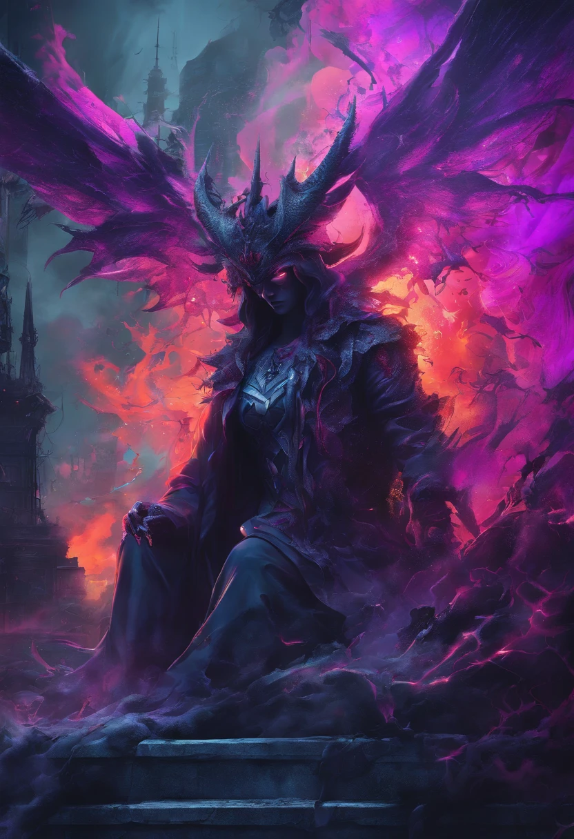 (best quality,4k,8k,highres,masterpiece:1.2),ultra-detailed,(realistic,photorealistic,photo-realistic:1.37),evil demon with glowing purple abyssal powers,casting mystic soul spells,handsome demon,large jagged demonic horns,massive demon angel wings,dark and ominous atmosphere,sinister grin,piercing glowing red eyes,demonic aura,enchanting purple mist,shadowy background,epic and dramatic lighting,otherworldly beauty,dramatic pose,fiery brimstone backdrop