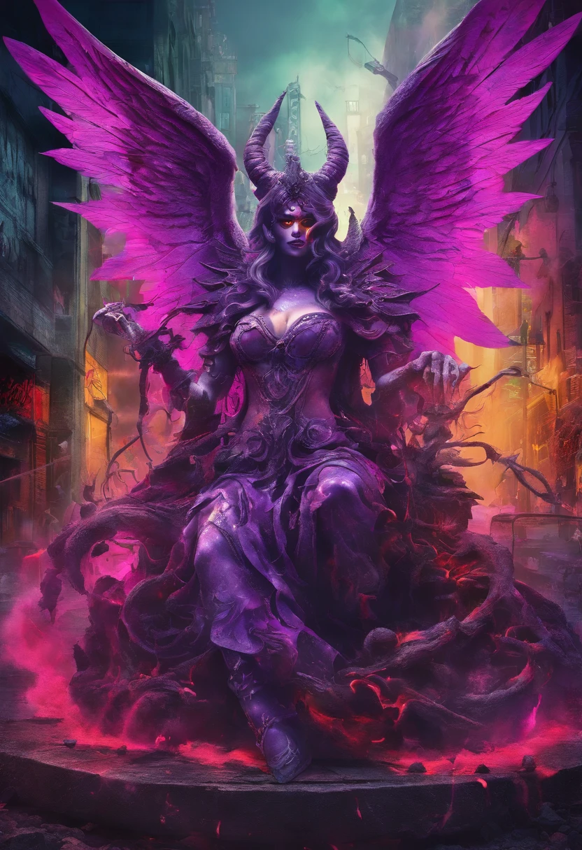 (best quality,4k,8k,highres,masterpiece:1.2),ultra-detailed,(realistic,photorealistic,photo-realistic:1.37),evil demon with glowing purple abyssal powers,casting mystic soul spells,handsome demon,large jagged demonic horns,massive demon angel wings,dark and ominous atmosphere,sinister grin,piercing glowing red eyes,demonic aura,enchanting purple mist,shadowy background,epic and dramatic lighting,otherworldly beauty,dramatic pose,fiery brimstone backdrop