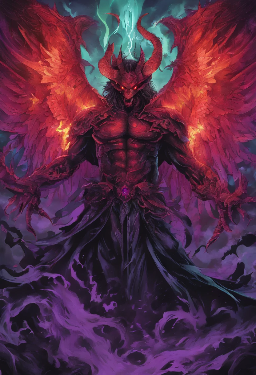 (best quality,4k,8k,highres,masterpiece:1.2),ultra-detailed,(realistic,photorealistic,photo-realistic:1.37),evil demon with glowing purple abyssal powers,casting mystic soul spells,handsome demon,large jagged demonic horns,massive demon angel wings,dark and ominous atmosphere,sinister grin,piercing glowing red eyes,demonic aura,enchanting purple mist,shadowy background,epic and dramatic lighting,otherworldly beauty,dramatic pose,fiery brimstone backdrop