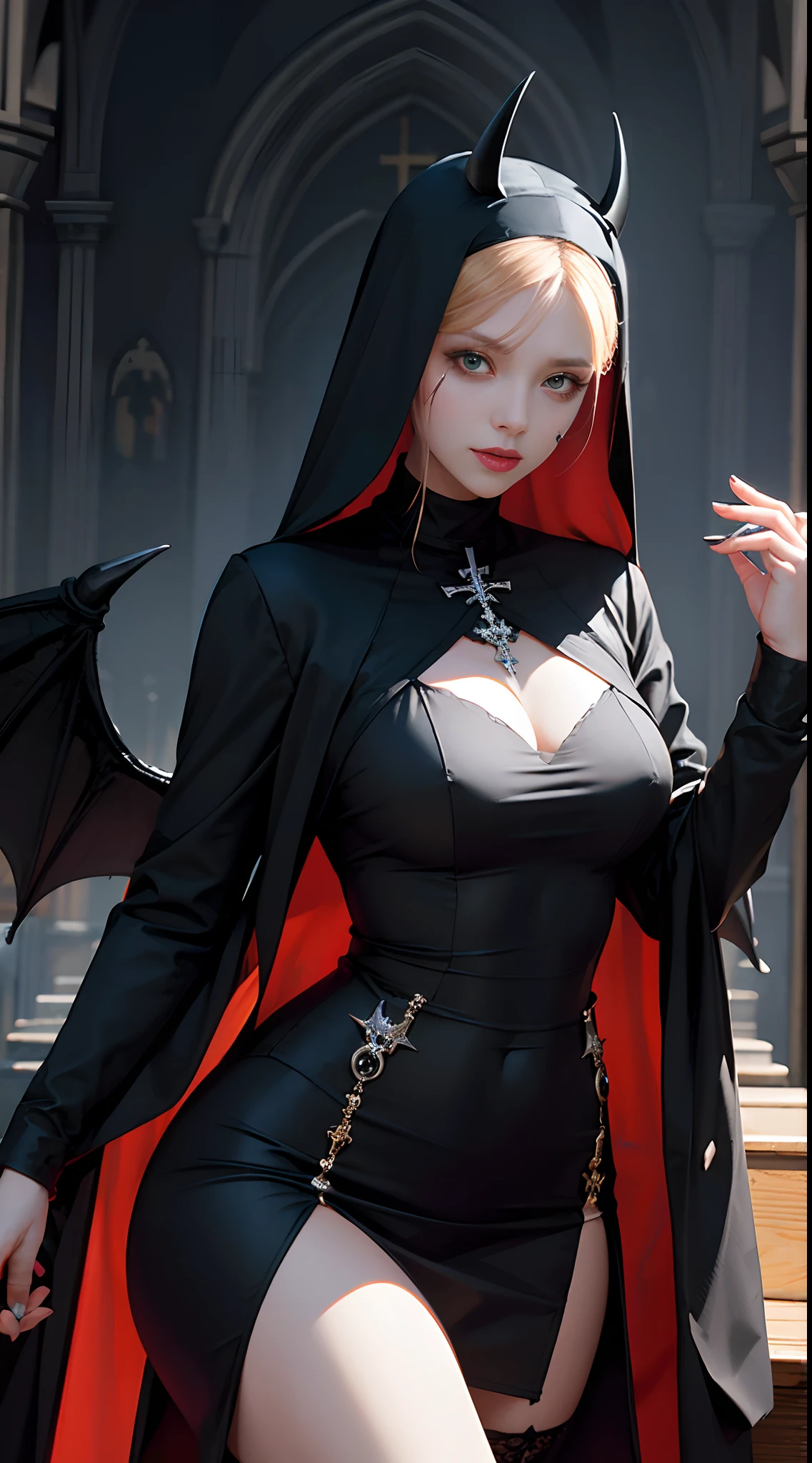 Enako: Evil Nun,Sexy nun in dress, Two devil's horns on the head, Demon Wings, devilish, Insidious, Dark and ominous Satanist Church