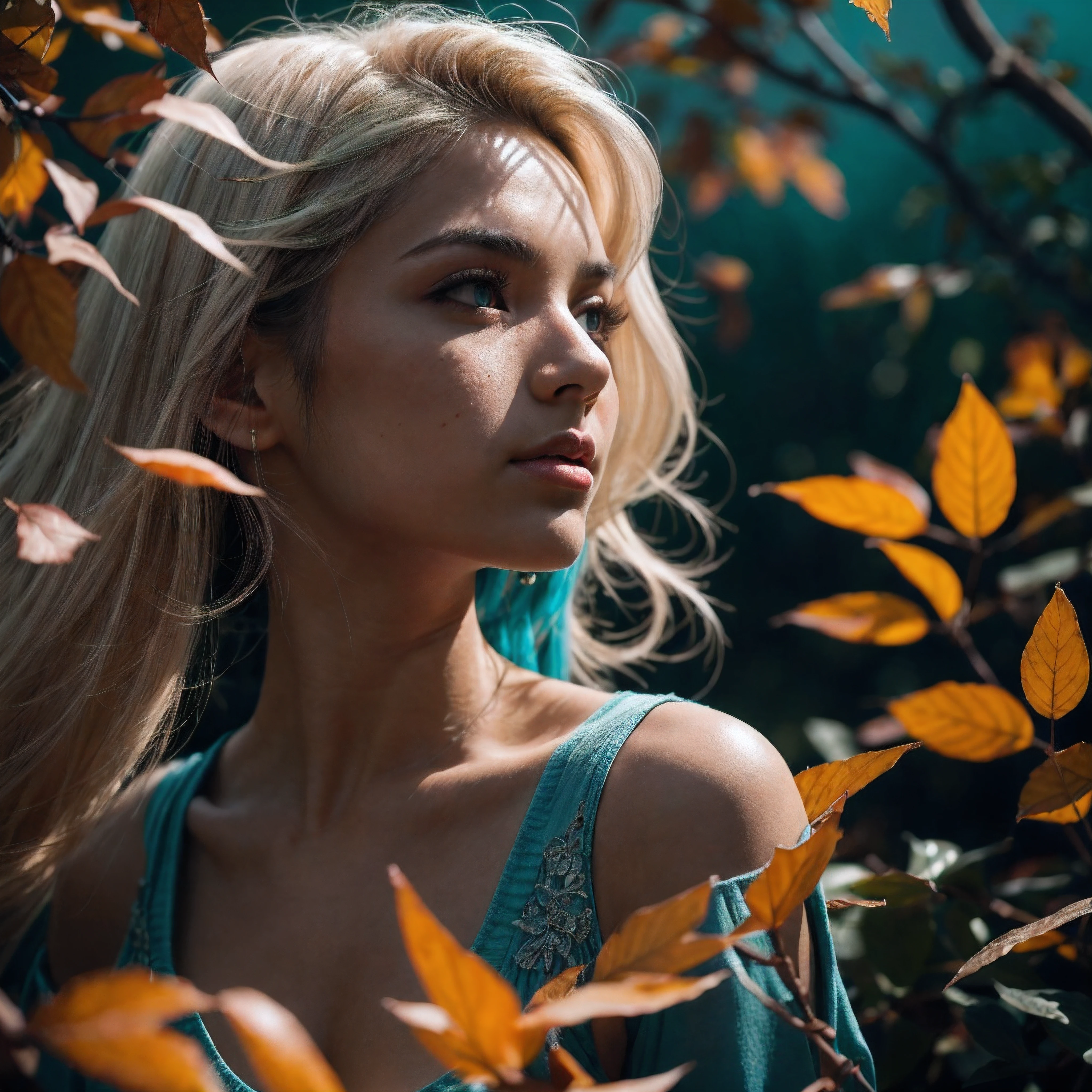 (Cinematic Silhouette of an adult female against an orange backdrop), (falling turquoise leaves around her:1.1), voluminous white hair highlighted, calm expression profiled, (small breasts, orange top off shoulders), freckled skin, the photograph captured in stunning 8k resolution and raw format to preserve the highest quality of details, (her eyes are portrayed with meticulous attention to detail: 1.3), The photograph is taken with a lens that emphasizes the depth in her eyes, the backdrop is a dark room setting that enhances the colours of the scene. The lighting and shadows are expertly crafted to bring out the richness of her skin tone and the intense atmosphere. Her hair adds contrast against her skin, the overall composition captures her essence with authenticity and grace, creating a portrait that celebrates her heritage and beauty. Photography utilizing the best techniques for shadow and lighting, to create a mesmerizing portrayal that transcends the visual,