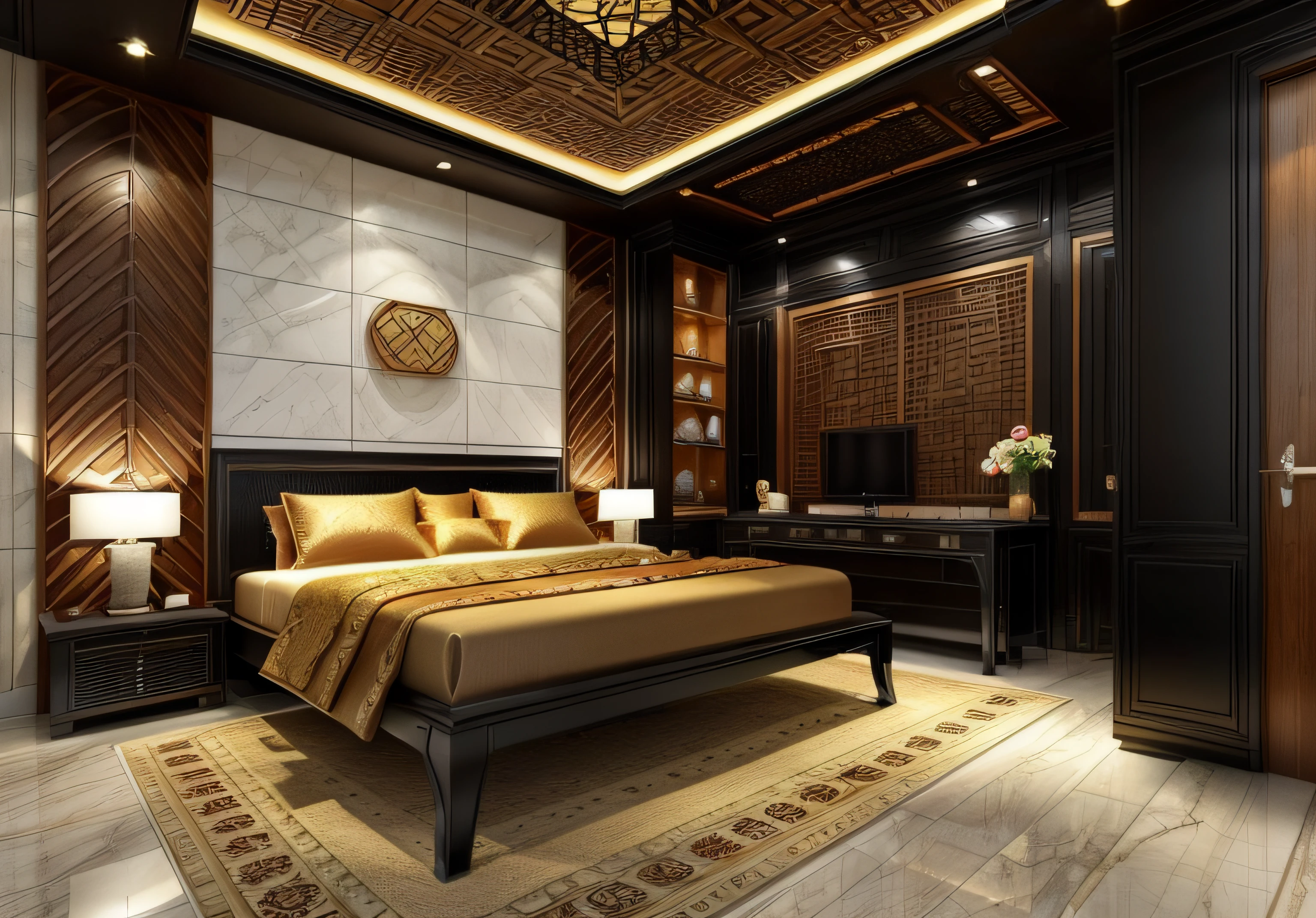 ((Best quality, 8k, Masterpiece :1.3)), Sharp focus :1.2, (Bedroom indochina BLACK Wood design: 1.3), (leaf door panel:1.1), (((black painted wooden furniture:1.1))), (photo realisstic: 1.2), (hyperdetails: 1.2), 1 chair, oriental classical pattern wall paneling, 1 classical altar, 2 ottomans, style cabinets Indochina, orange wall, indoor, indochina pano door, (Ceiling made of rattan and plasterboard), Stylized lotus pattern, stylized lotus-themed decorative painting, glossy marble floor,Round feather carpet, tiled floor with geometric pattern with border, bedside cabinet with curling iron pattern, Curved iron door, wooden frame door with panel made of wrought iron pattern combined with dó paper, daylight, Unreal Engineer 8K, full HD 8K