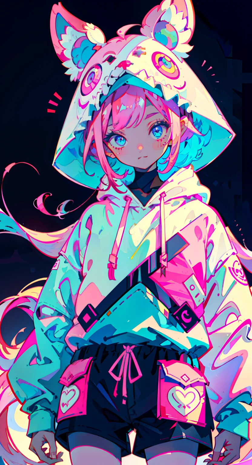 girl in pink long hair, cute, cool pose, selfie, masterpiece, highly detailed, best quality, sharp focus, soft lighting, limited color palette, pastel colors, cute, ((kawaii)), dark skin,
(Panchen: 1.3), smile, solo,
dark brown hoodie, blue shorts,
Pink eyes, (pink hair: 0.6), (blue hair: 0.8), (gradient hair: 0.6), short hair, Bratis