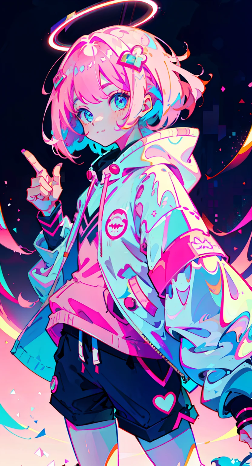 girl in pink long hair, cute, cool pose, selfie, masterpiece, highly detailed, best quality, sharp focus, soft lighting, limited color palette, pastel colors, cute, ((kawaii)), dark skin,
(Panchen: 1.3), smile, solo,
dark brown hoodie, blue shorts,
Pink eyes, (pink hair: 0.6), (blue hair: 0.8), (gradient hair: 0.6), short hair, Bratis