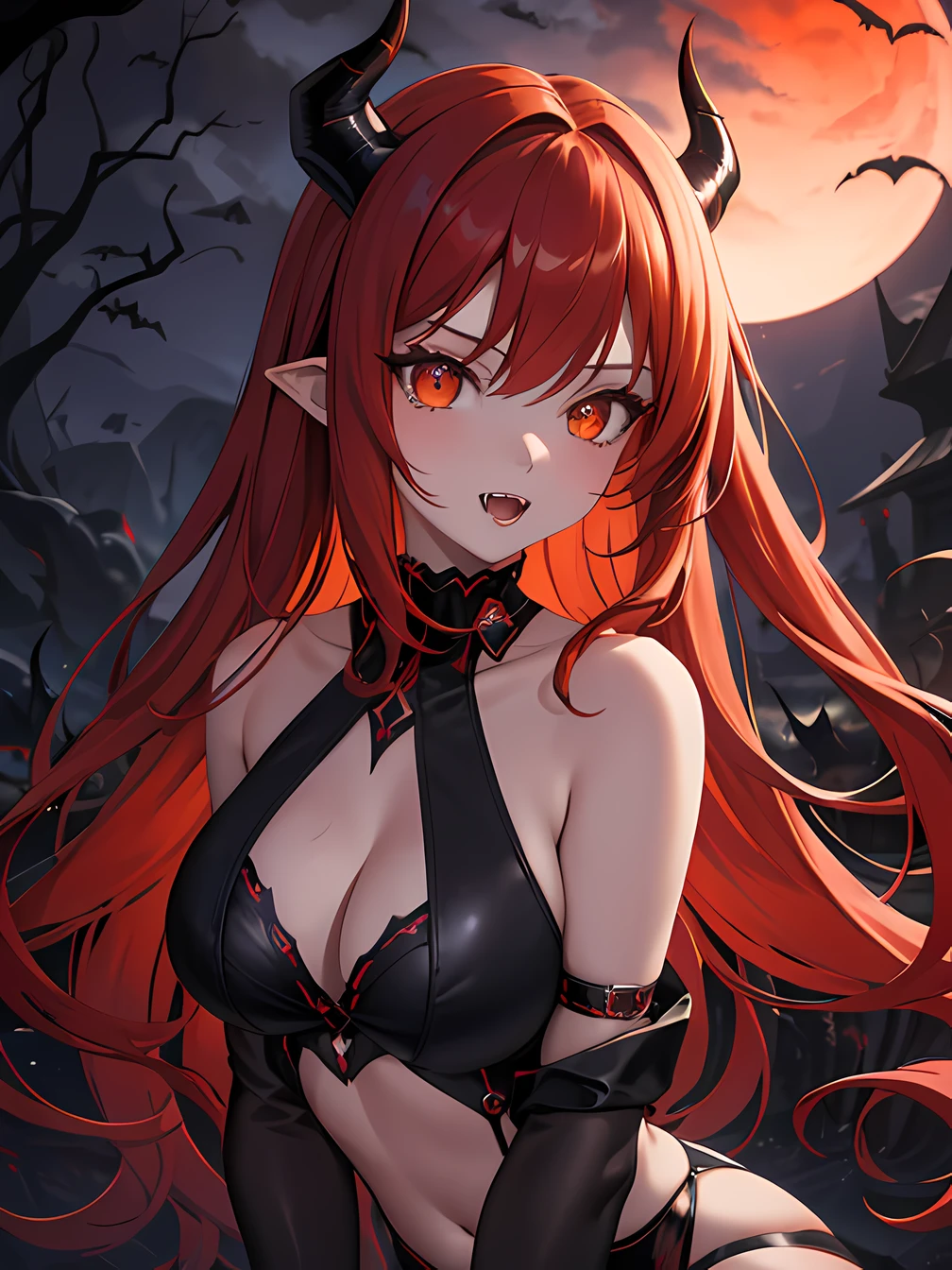 masterpiece, best quality, 1 girl, red hair, orange eyes, glowing eyes, horns, demon girl, fangs, succubus, eyeliner, fangs, dark atmosphere, spooky, (dark, night:1.6), spooky, outdoors, stomach