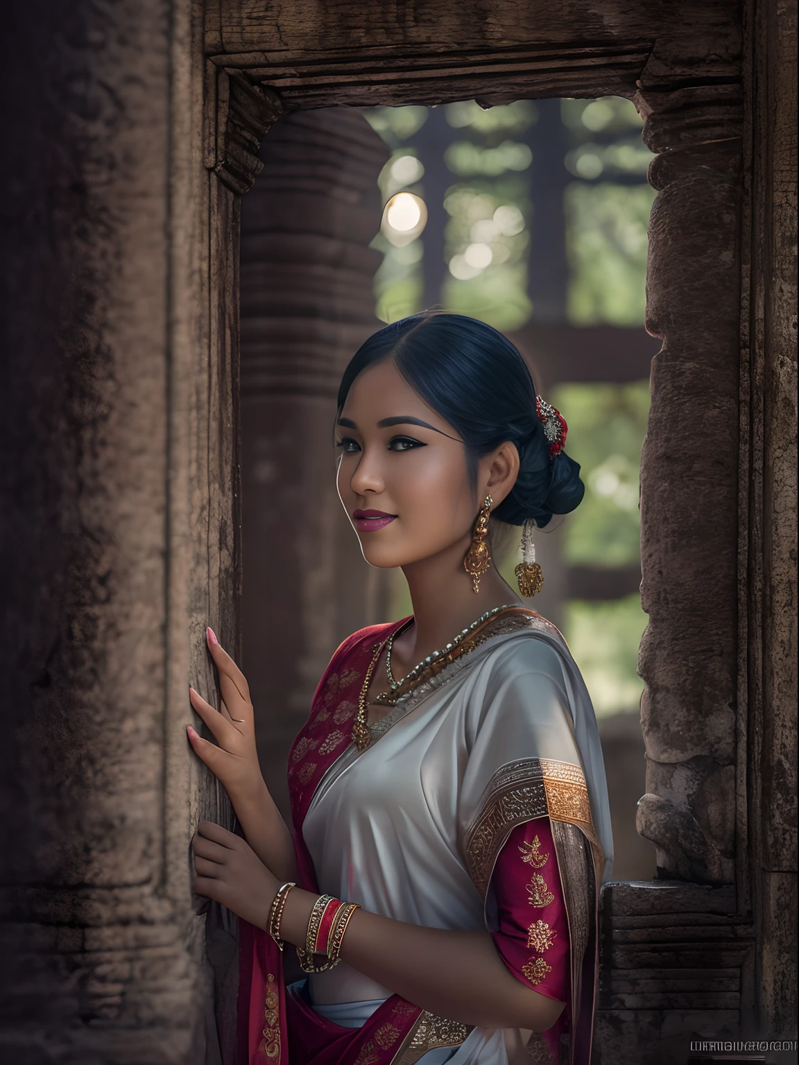 Cambodia,Angkor Wat is inside the temple,Contre-Jour,(A woman who is),wear sari,standing beside window,85mm F1.4 lens,Shoot upwards,Close-up,beauitful face,white skinned,Paint makeup,lipsticks,trinkets,low head,ssmile,k hd,Flowers around you,500px style,Master photography,