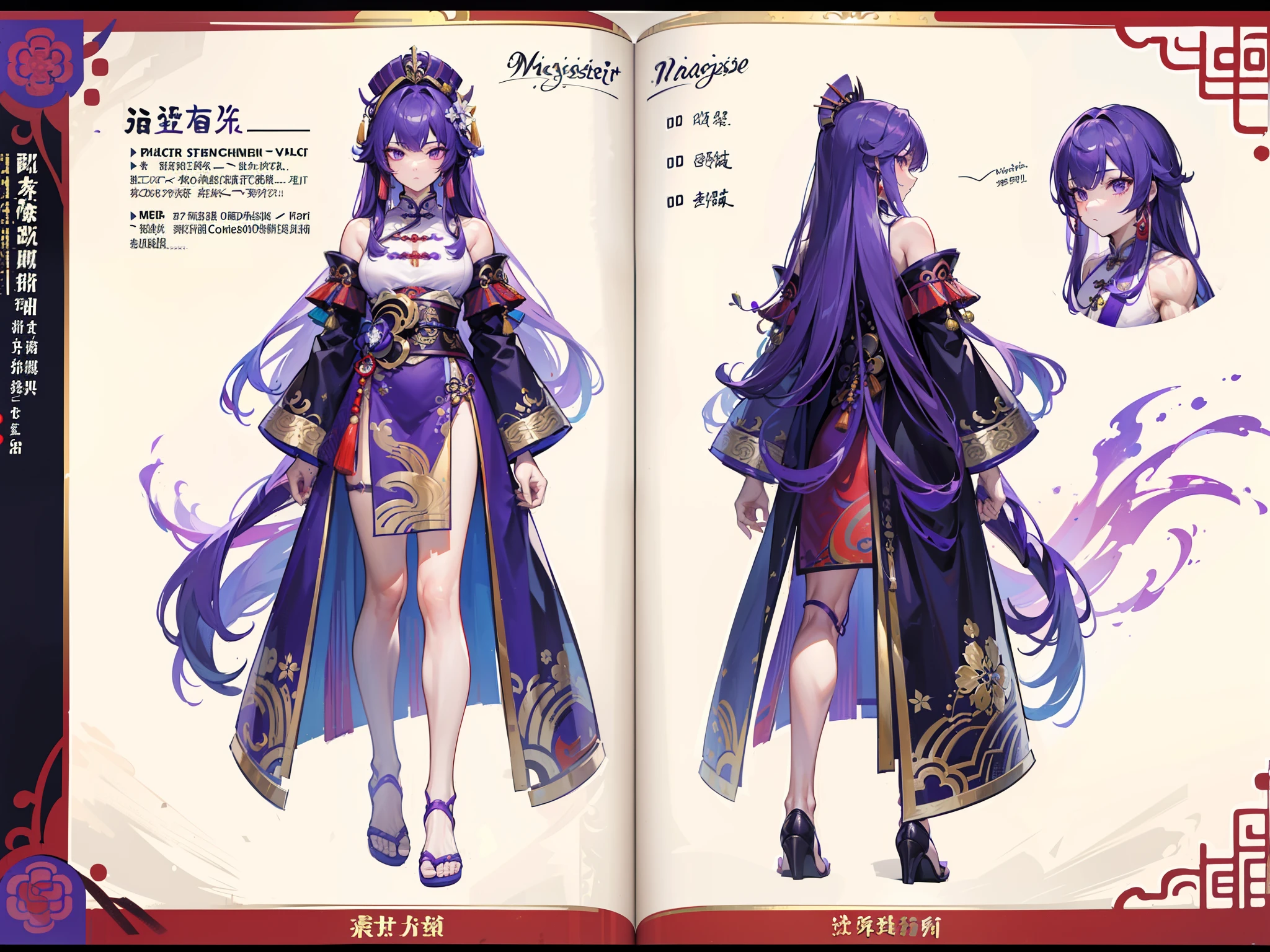 ((Masterpiece, Highest quality)), Detailed face, character design sheet， full bodyesbian, Full of details, frontal body view, back body view, Highly detailed, Depth, Many parts, Muscle boy with long purple hair with long bangs，handsome man, muscle body, Traditional chinese clothes, Genshin Impact, man tall