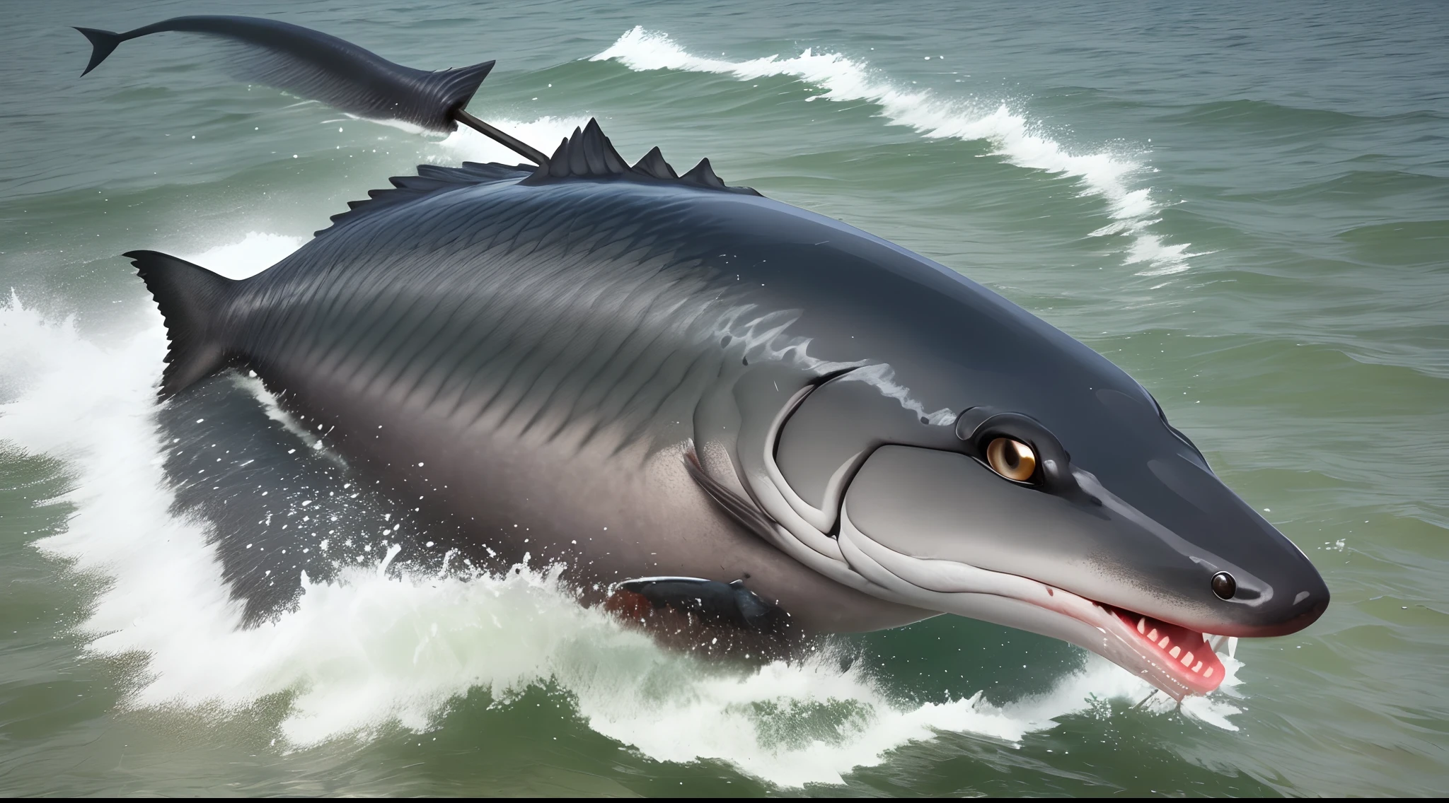 A 4 foot long greyish black catfish with a 2inch scar through it's left eye. It has a 3 foot spear jabbed in its back with blood covering its body. The catfish is jumping out of the water attacking a fisherman on a boat.