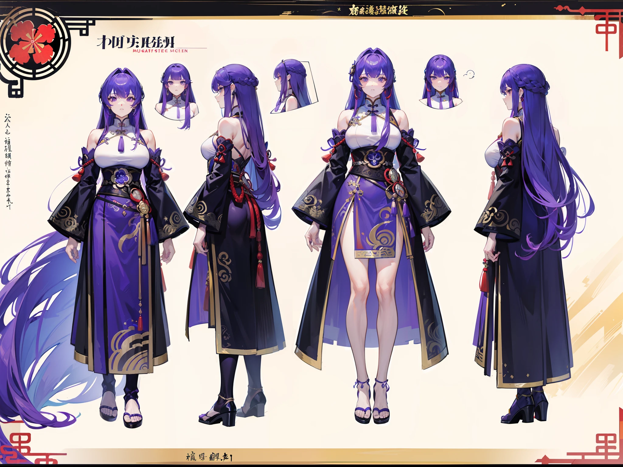 ((Masterpiece, Highest quality)), Detailed face, character design sheet, full bodyesbian, Full of details, frontal body view, back body view, Highly detailed, Depth, Many parts, Muscle boy with long purple hair with long bangs,handsome man, muscle body, Traditional chinese clothes, Genshin Impact, man tall