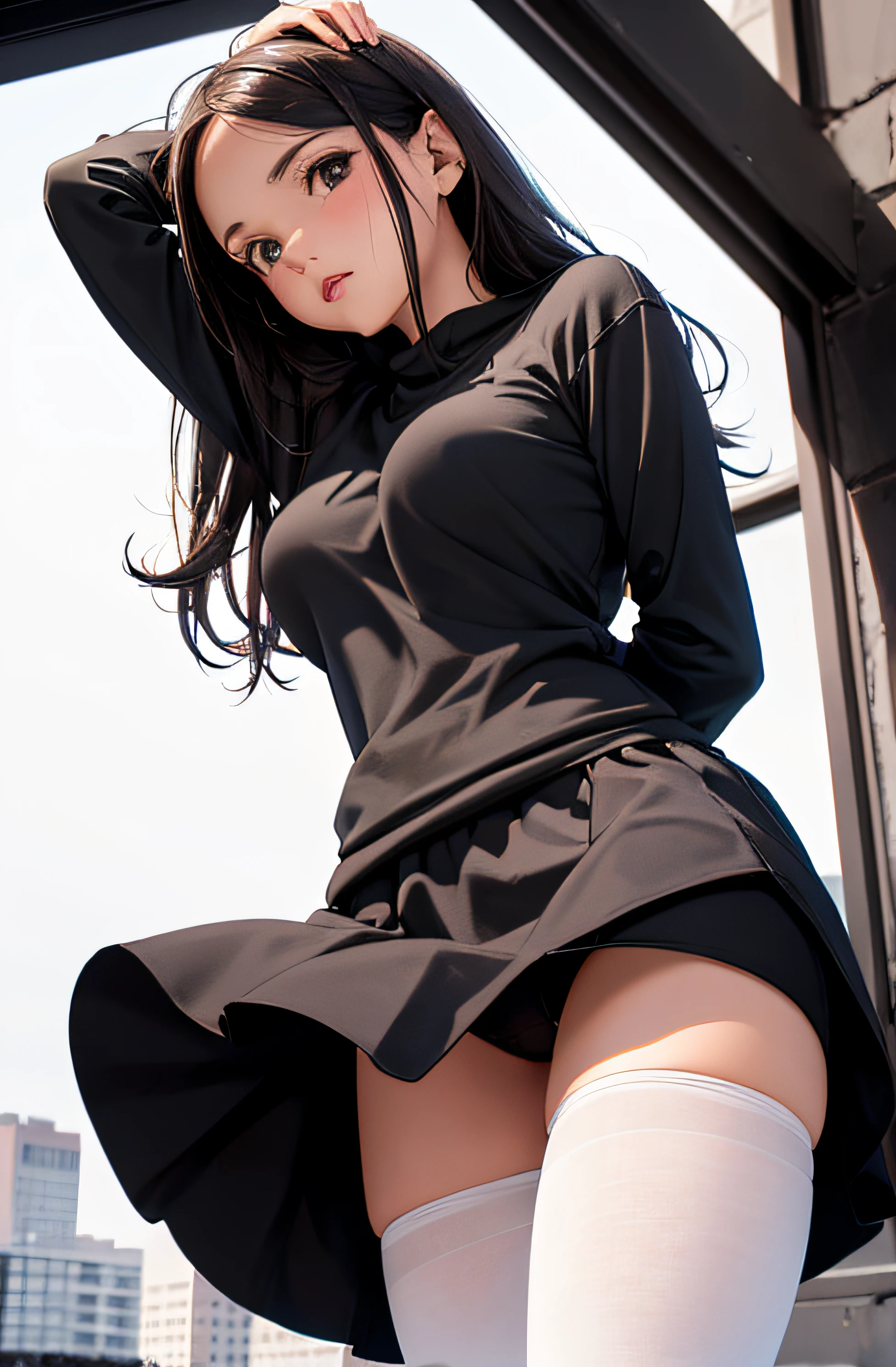 a girl in sweatshirt, shorts, ((a view from below)), long stockings or pantyhose, ((upskirt)), medium breasts, spread legs, (very detailed), (perfectly detailed face), (detailed hand), photorealistic image.