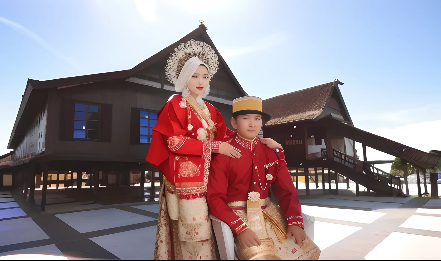 there are two people in traditional clothing posing for a picture, traditional photography, traditional clothes, traditional dress, traditional clothing, traditional, wedding, wearing traditional garb, wearing authentic attire, traditional costume, profesional photography, potrait, wedding photo, wonderful, portrait shot, couple, by Basuki Abdullah, full protrait, old picture, traditional art, bride, ultra detail face, ultra detail eye, ultra detail finger,8k
