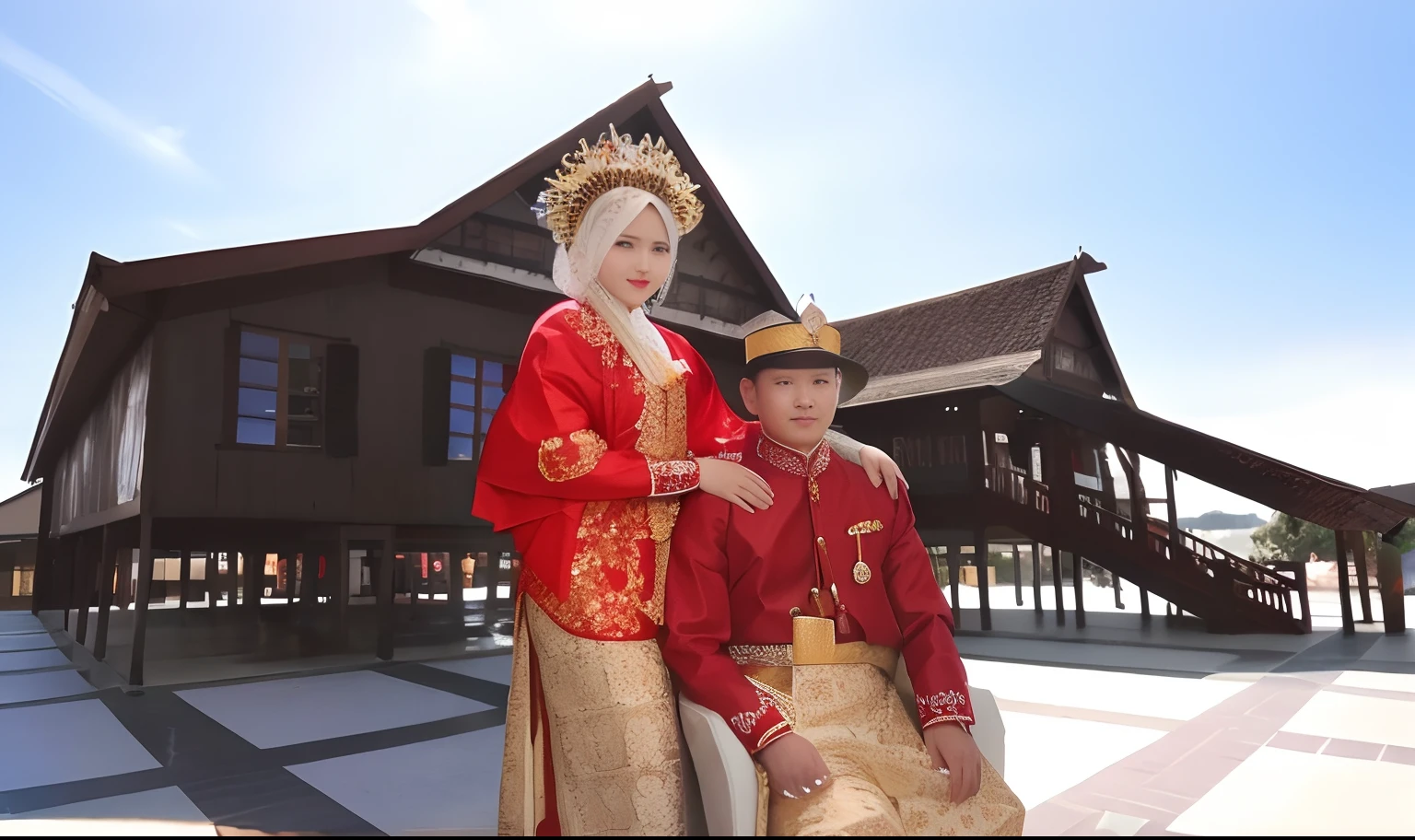 there are two people in traditional clothing posing for a picture, traditional photography, traditional clothes, traditional dress, traditional clothing, traditional, wedding, wearing traditional garb, wearing authentic attire, traditional costume, profesional photography, potrait, wedding photo, wonderful, portrait shot, couple, by Basuki Abdullah, full protrait, old picture, traditional art, bride, ultra detail face, ultra detail eye, ultra detail finger,8k
