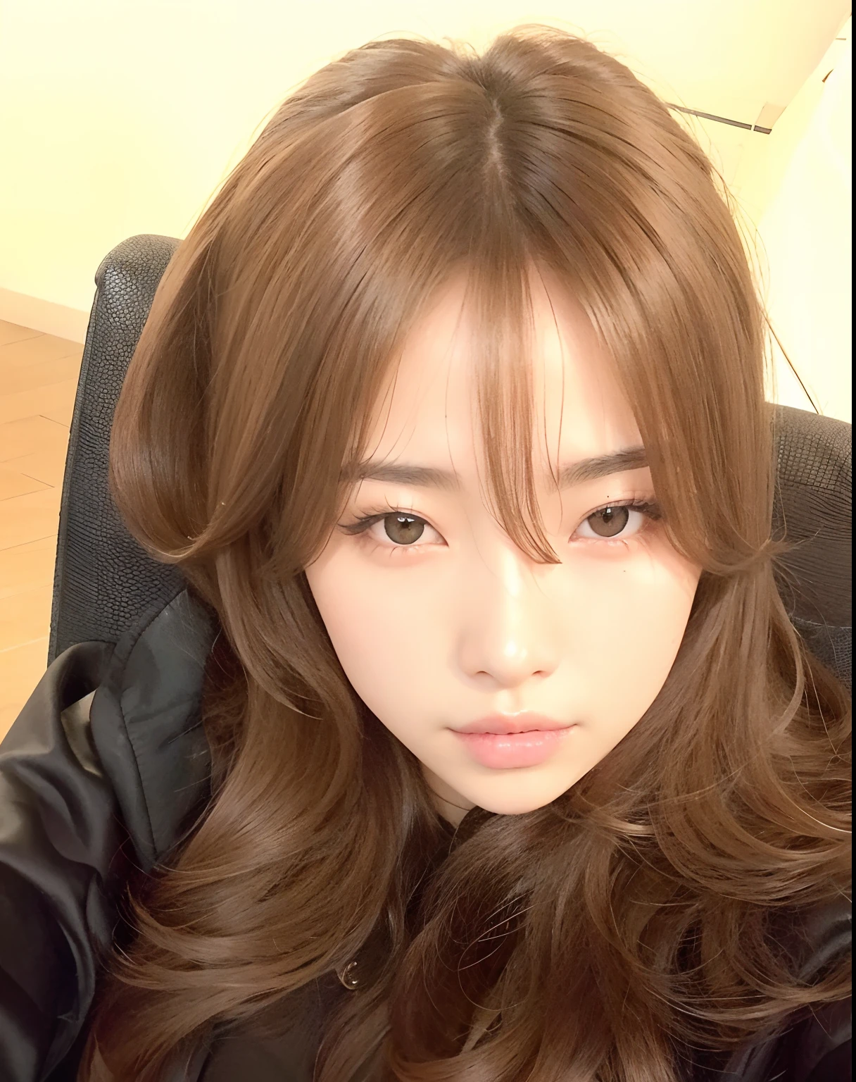 Woman with long brown hair sitting on a chair, flequillo de cortina, brown bangs, Sun Yunjoo, El Corte Hime, Heonhwa Choe, Song Hye - Kyo, Parque Ji-min, con flequillo, Bae Suzy, Flequillo partido en el centro, Chiho, flequillo, dilraba dilmurat, Sakimichan, Cabello limpio con flequillo