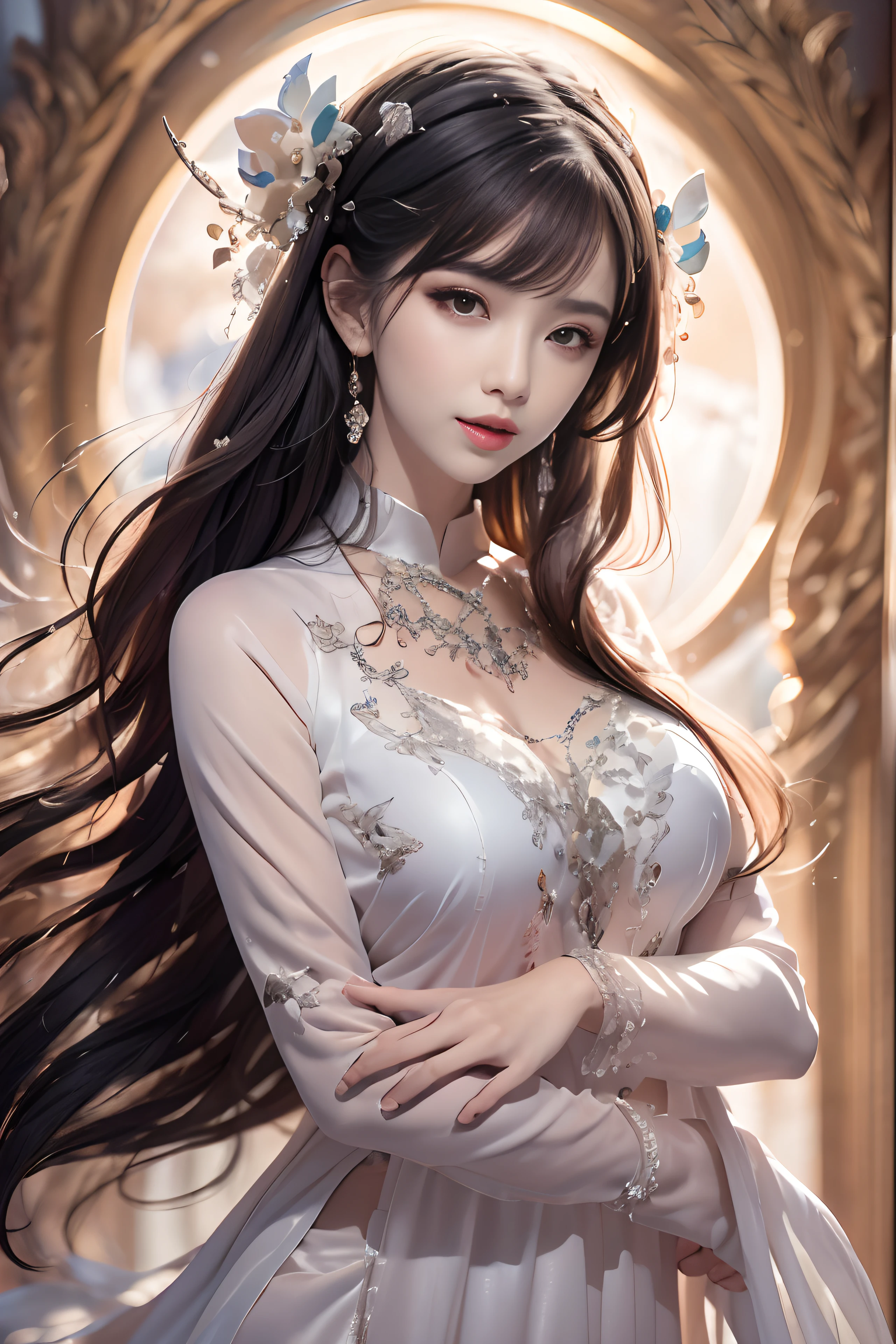 big watery eyes, love eyes, [Shy], long hair, masterpiece, best picture quality, ultra high resolution, higher quality, beautiful女孩, woman, heart shaped hair accessories, 8k resolution, hot girl, beautiful eyes, blush, spaghetti straps, dusk, oasis ((Figure by the puddle)), magic ring, Volumetric light, movie lighting, Natural light. Waterfall background
Snow Moon Law Moon Girl light shoulders, alone, Perfect reflection in crystal clear water, eyebrow shape, beautiful黑眼睛, floating water splash, black water Droplet, beautiful光芒, best quality, illustration, masterpiece, best production, best quality, Very detailed, Extremely detailed CG, light, Lovely, Tyndall effect, Burning Splash Package, light shoulders, depth of field, black water, super tired, Shiny, beautiful, Exquisite facial features, Lovely, Black water particle special effects, Dreamy, floating black glowing particles, 黑色long hair, necklace, silver puffy dress, Ancient palaces, Ancient mythology, Luxurious and detailed background
((masterpiece)), ((best quality)), Exquisite CG, blue-violet tone, sweet
Beautiful beautiful girl with a Lovely smile