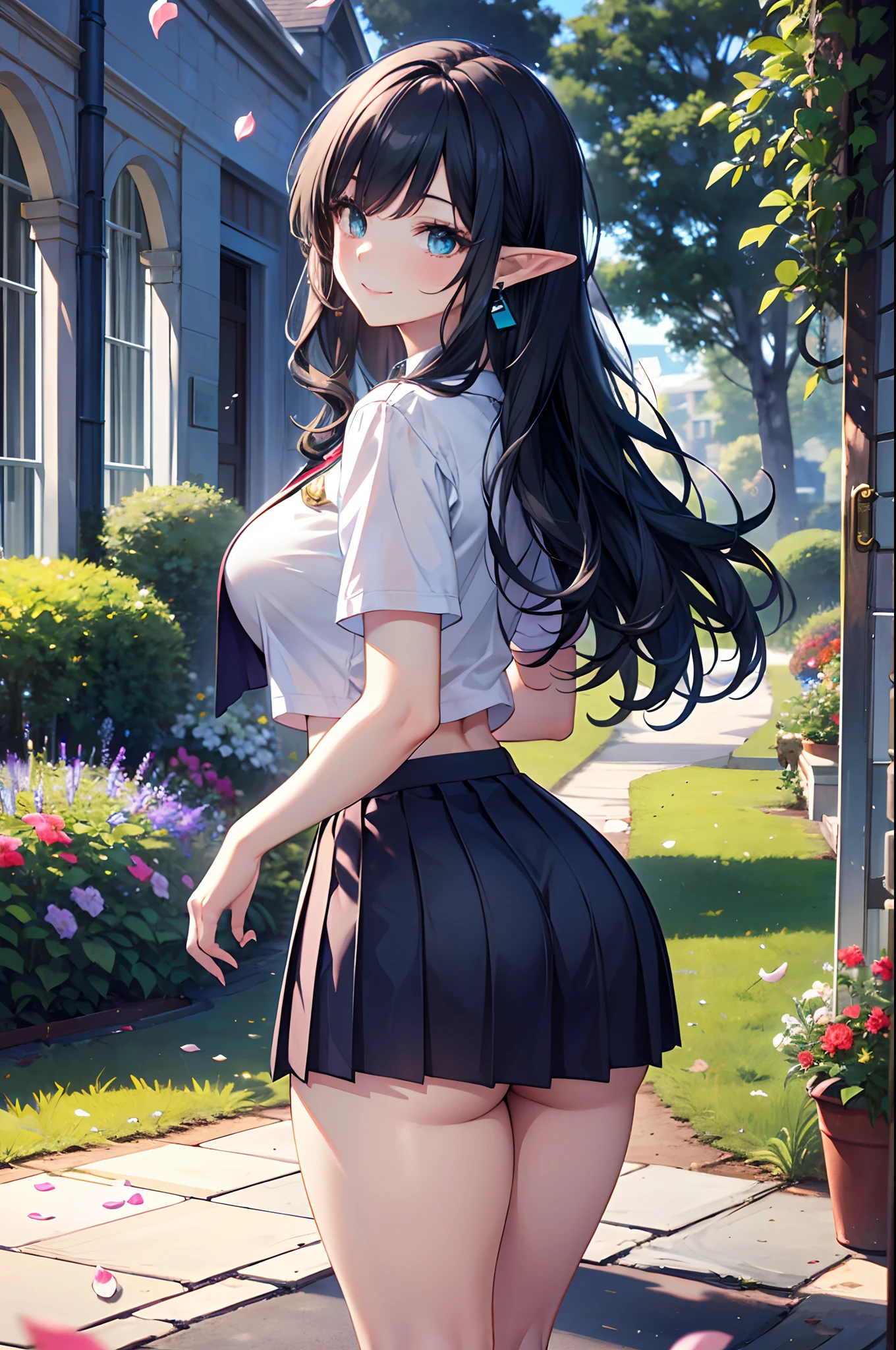 Realistic and detailed image of an elf dressed in a school uniform and pleated micro skirt. She has long wavy black hair. Turquoise eyes. She has earrings, long eyelashes. She has large breasts, slim waist, wide hips and thick thighs. Smiling, pleased face. Arched back. There is a garden with flower petals falling around her.