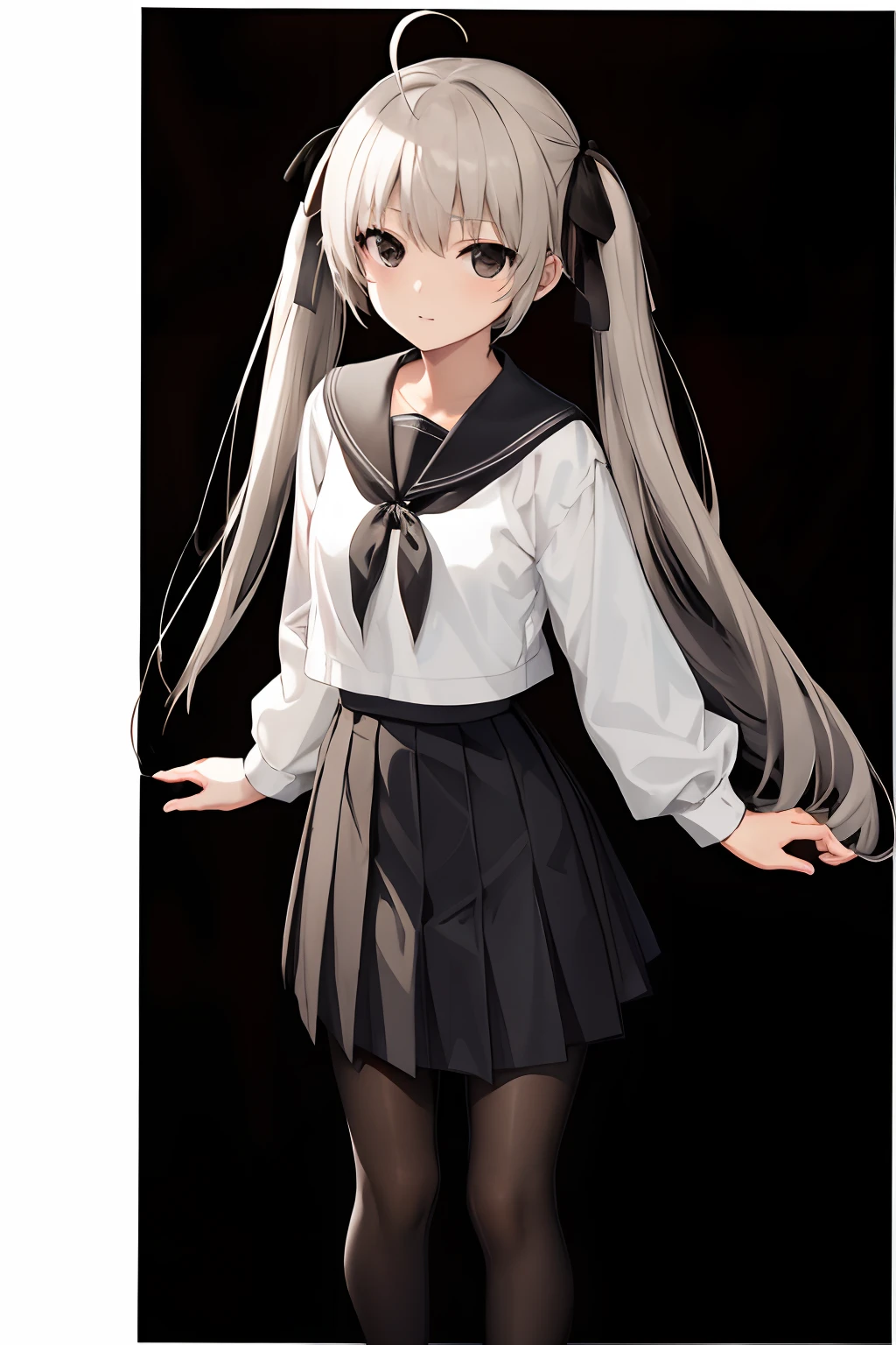 sorakasugano, sora kasugano, ahoge, (black eyes:1.5), hair between eyes, hair ribbon, long hair, twintails, black ribbon, white hair, (flat chest:1.2), BREAK black footwear, black pantyhose, grey ribbon, grey skirt, loafers, long sleeves, miniskirt, pantyhose, pleated skirt, sailor collar, school uniform, serafuku, shoes, skirt, white sailor collar, white serafuku, BREAK looking at viewer, (BREAK standing upright), (BREAK indoors), BREAK (masterpiece:1.2), best quality, high resolution, unity 8k wallpaper, (illustration:0.8), (beautiful detailed eyes:1.6), extremely detailed face, perfect lighting, extremely detailed CG, (perfect hands, perfect anatomy),(((View of her body from shin-area to above her head)))