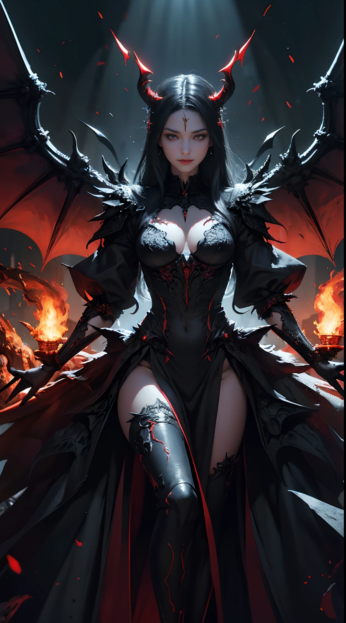 Enako：Satan of Tron in Hell, Realistic detailed eyes, Diabolical, Black and red dress, Demon Wings, Demon horn, Context of the chaos of hell and destruction, Evil Queen, looking straight at camera, With a contemptuous smile on his face, long black claws, Shaded illustration of high quality cells in hell, full body Esbian, Dynamic installation, perfect anatomia, Centered, liberta, souls, Approach to perfection, cellshading, 8K , With a cinematic and dramatic atmosphere, watercolor paiting, globalillumination, detailed and intricate environment, art  stations, conceptual art, smooth sharp focus, volume illumination, Lighting Cinematic