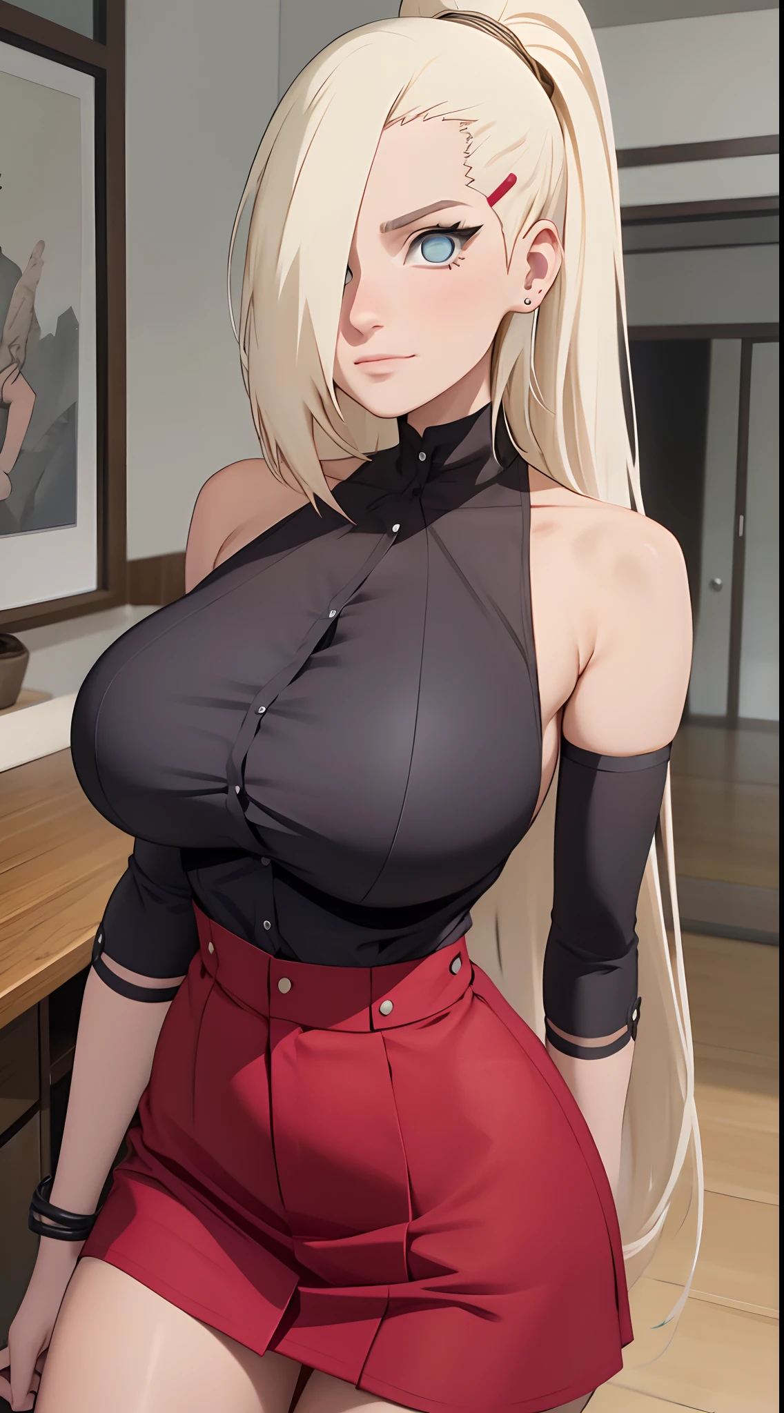 Ino yamanaka, schneit, sat,Spaltung,smil,Rot im Gesicht sein,drinnen im Zimmer,Nahaufnahme Nahaufnahme,mit einer guten Figur,mid large breasts,The breasts fall out immediately,clenched breasts,enges, spaghetti strap shirt,high waist short skirt,both arms behind the back,perfekter Arsch,ansicht von hinten