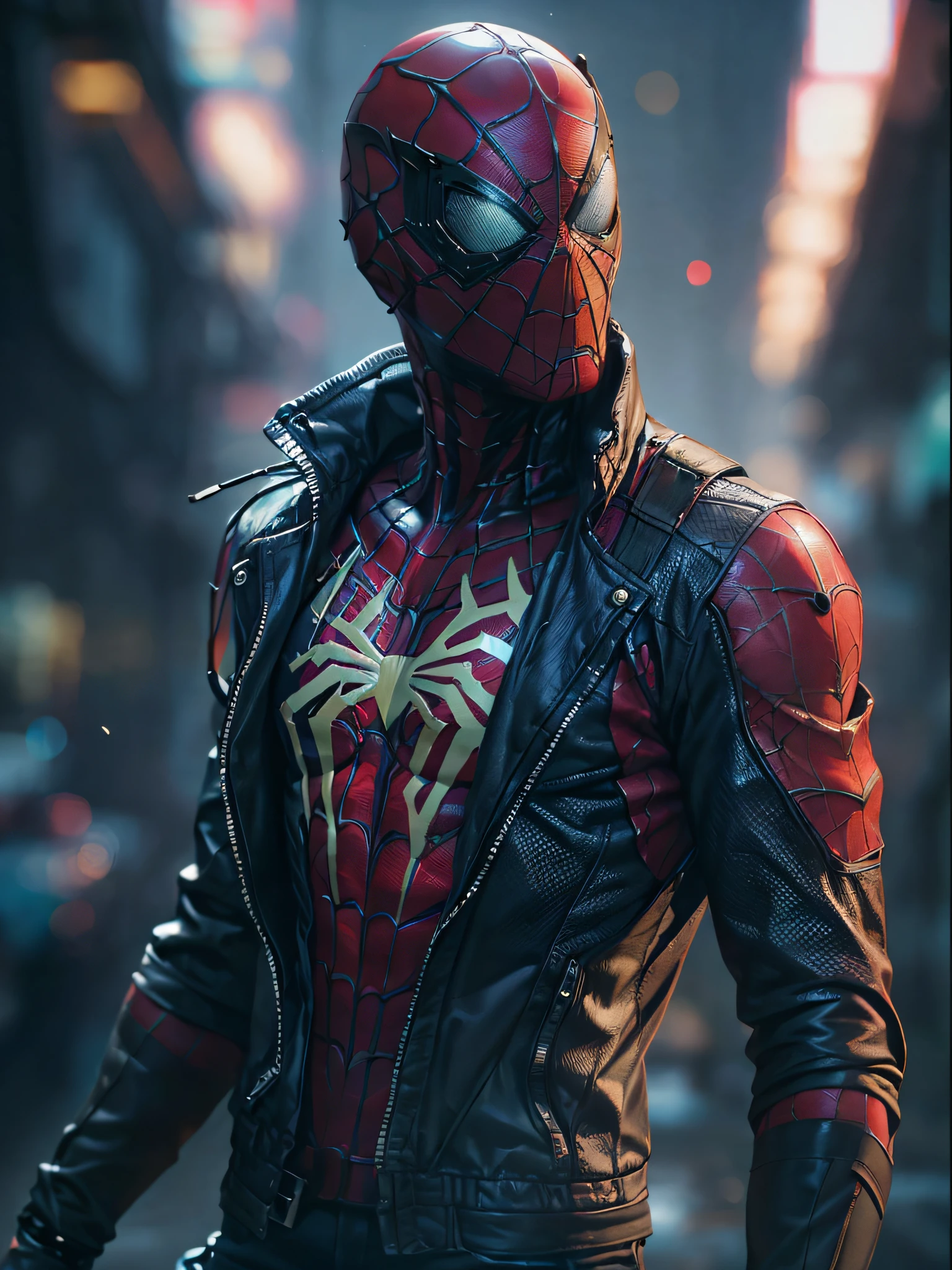 Homem-Aranha como um zumbi,(qualidade superior、8k、32k、obra prima、NFFSW:1.3)、(The ultra-A high definition)、(Fotorrealista:1.4)、Fotografia RAW,olhos perfeitos,Figura perfeita encantadora,actionpose:1.2,Moda cyberpunk detalhada、Mundo de Cyberpunk,profundidade de campos,Backround desfocado,、