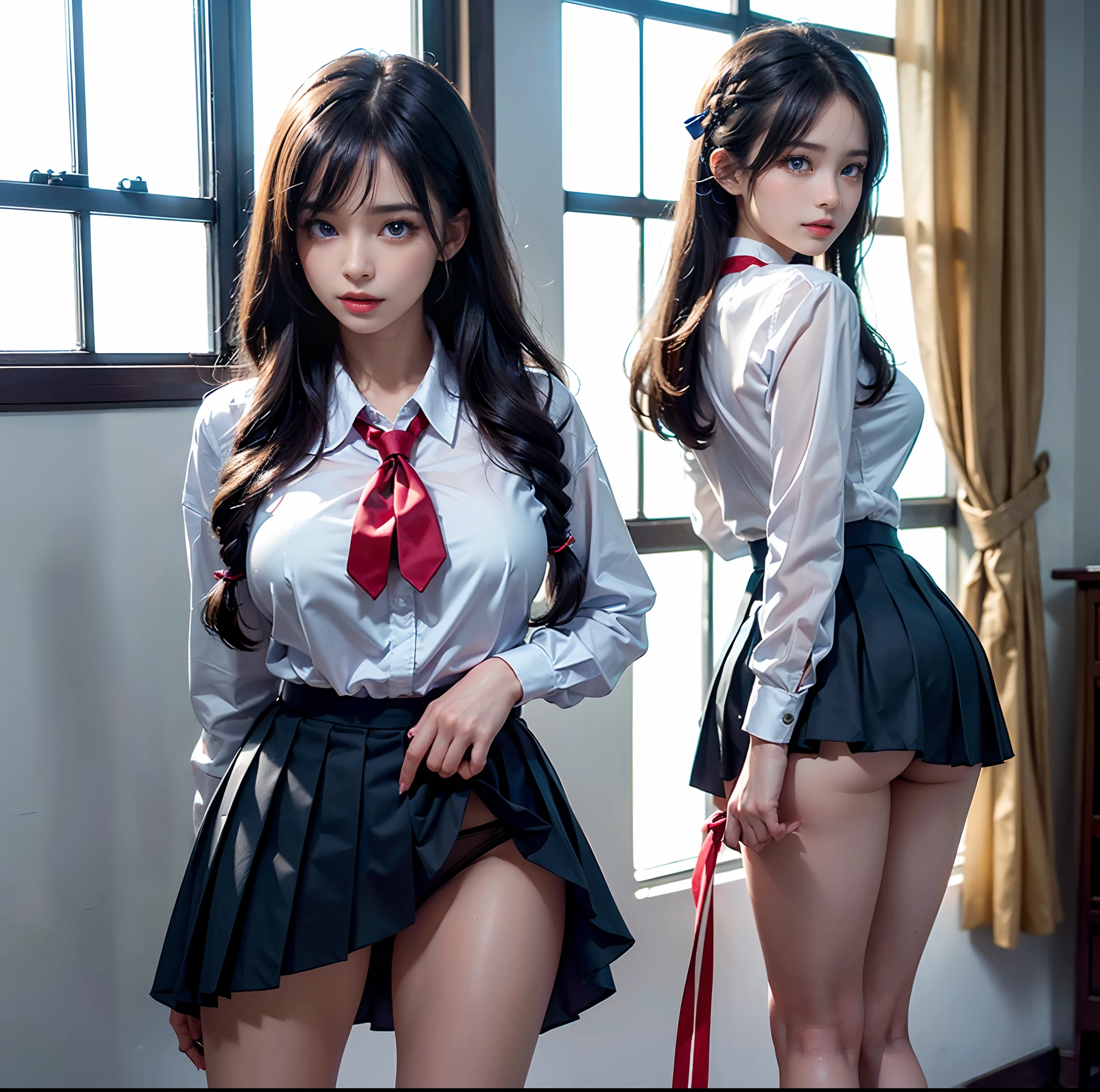 top-quality, masterpiece, (Professional lighting without shadows), A hyper-realistic, Bewitching, perfect anatomia, Two girls, (Girl proudly standing in front of camera shows off high school girl uniform ribbon ties, Another girl on the other side, Bend over and stick your butt out towards the camera), ( Huge breasts:1.2), (Bright and even whitening skin without wrinkles and steps), (Bright beautiful blue eyes with long black eyelashes and red tear bags reflected light:1.5)、 (Braided half-up hair with bangs:1.2), (Her outfit is、Dress up cramped schoolgirl uniform directly on bare skin:1.3), (Proudly showing off a crimson ribbon tie from the front:1.2), (Another girl on the other side、To beautifully emphasize the proud ultra mini pleated skirt、Showing off a pose with the buttocks exposed from directly behind:1.3), (Beautiful face squinting in dazzling light:1.4), ssmile, (You can often see that the blouse is thin and translucent and therefore does not wear underwear:1.4)