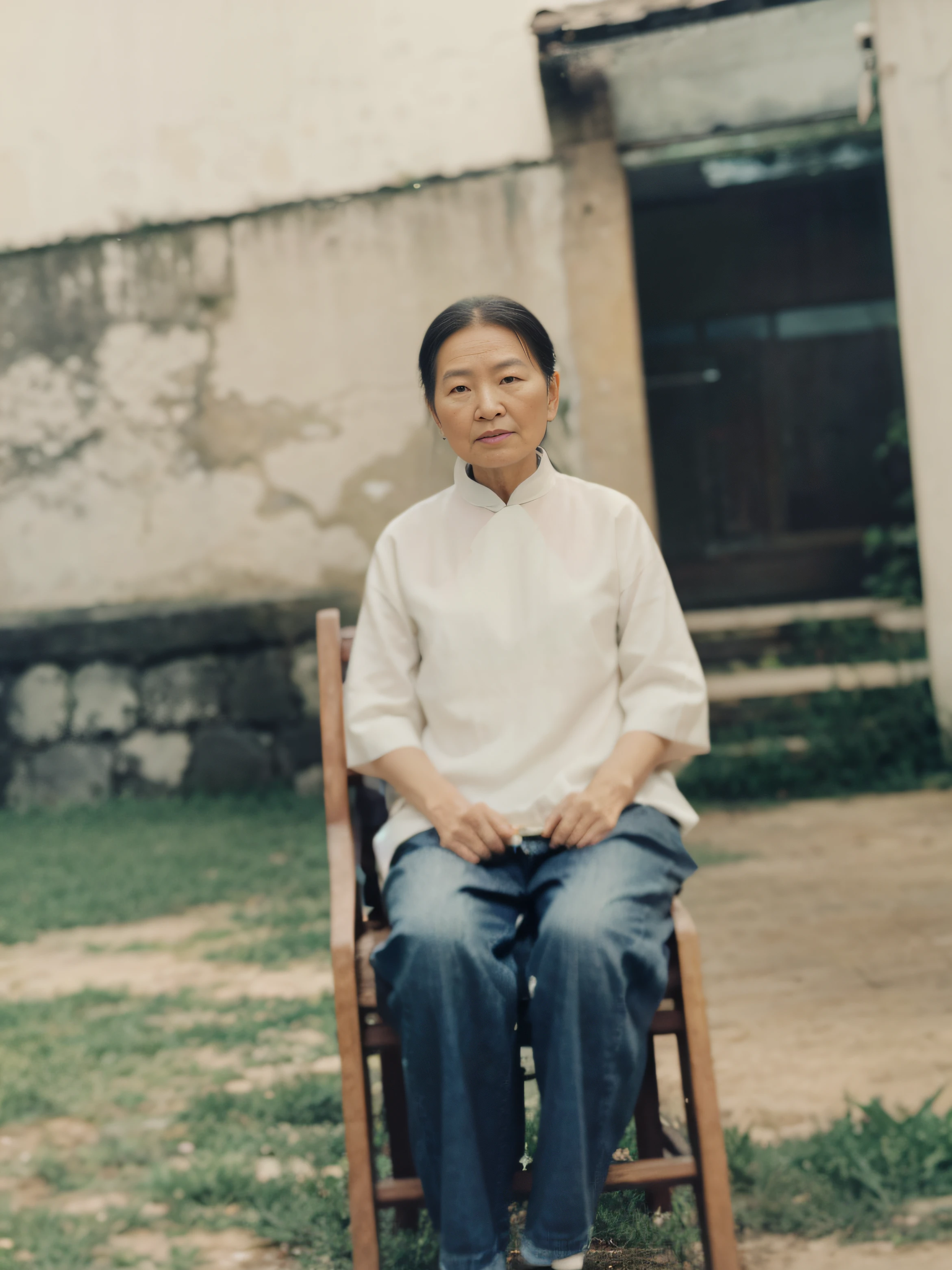 Portrait of a 70-year-old Chinese grandmother，Face emaciation，Good facial features，Symmetrical facial features，The ears are symmetrical and clear，Ultra-clear and realistic facial features，Hair combed back，White traditional Chinese clothes，The texture of the clothes is clear，Ultra-clear texture，Wear dark pants，Sit in a wooden chair，On the earthen lawn，The background has a building wall，Camera shooting effect，Light and shadow are natural，symmetrical clothes，The collar is symmetrical and coordinated，Ultra-clear and realistic 8K,Very detailed eyes and face,Ultra detail, High definition, Very detailed, Best quality, Masterpiece, , Realistis, Real, 8K wallpaper,Background details for foreground objects (Masterpiece: 1.2) (Photorealistic: 1.2) (Bokeh: 1.2) (Best quality) (Color grading) (Detailed skin: 1.3) (complex) (8K) (hdr) (Movie lighting: 1.3) (Sharp focus), Glossy glossy skin, Front Ultra HD, Digital SLR, Soft lighting, High quality, film gram, Fujifilm XT3 skin texture, filmgrain, Close up, 超高分辨率,