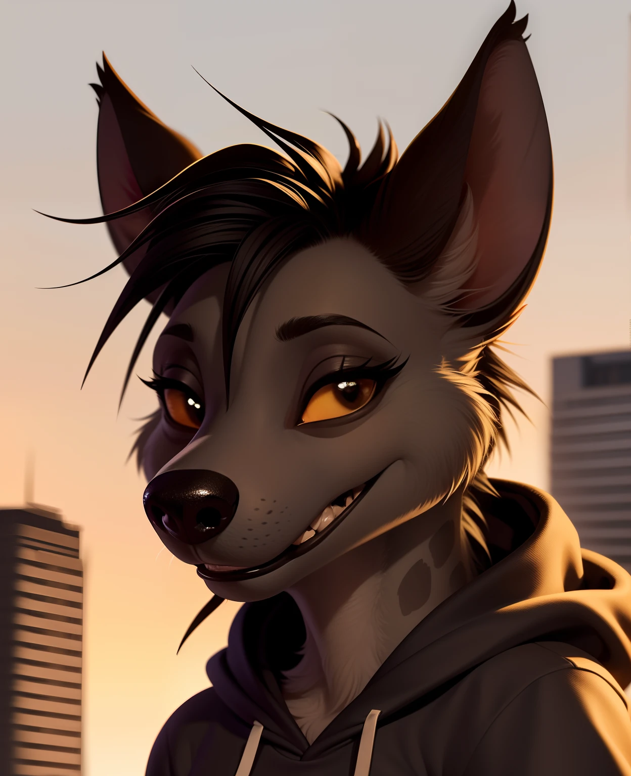 shenzi, furry female anthro, hyena girl, portrait, (hoodie:1.2),  fur trim, solo, (body fur:1.2), (best quality), (detailed urban background:1.2), dramatic lighting, (detailed fluffy fur:1.1), looking at viewer,