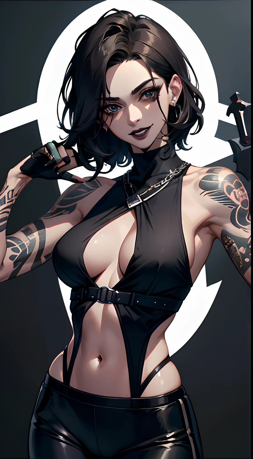 1girl, mature female, dark skinned female, toned body, black hair, black lipstick, black nails, tattoos, black gloves, white pants, black tank top, (masterpiece, best quality), crew cut, evil smile, parted lips, first-person view, UHD, 8k, award winning, highres