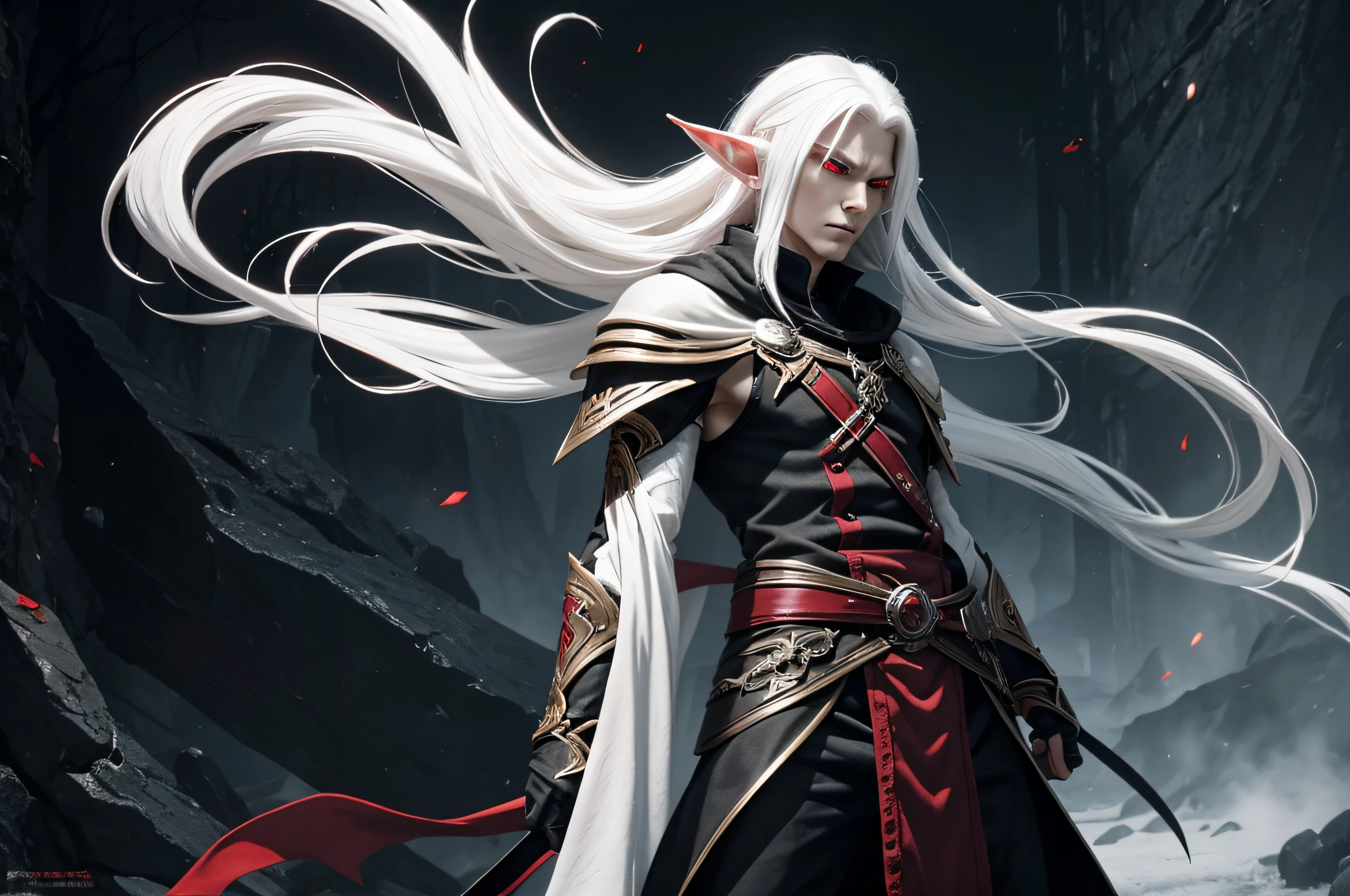 a pale, slender male elf with red eyes white hair and black noble clothing in a menacing pose