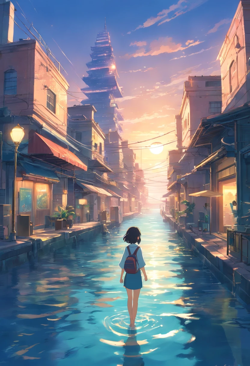 "Develop an image that depicts the sunken city with majestic buildings, Marble streets and mysterious lights that shine in the depths of the ocean."