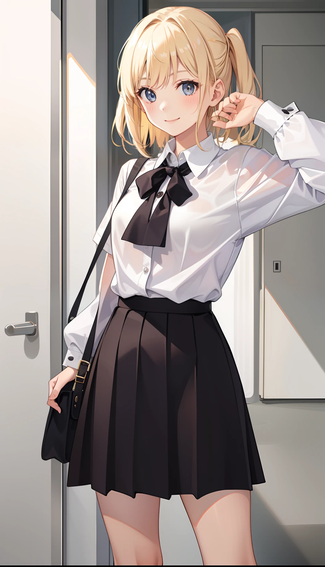 1girl in、A smile、The shirt、Blouse、skirt by the、(small tits)Chilarism、movement、blonde hair、